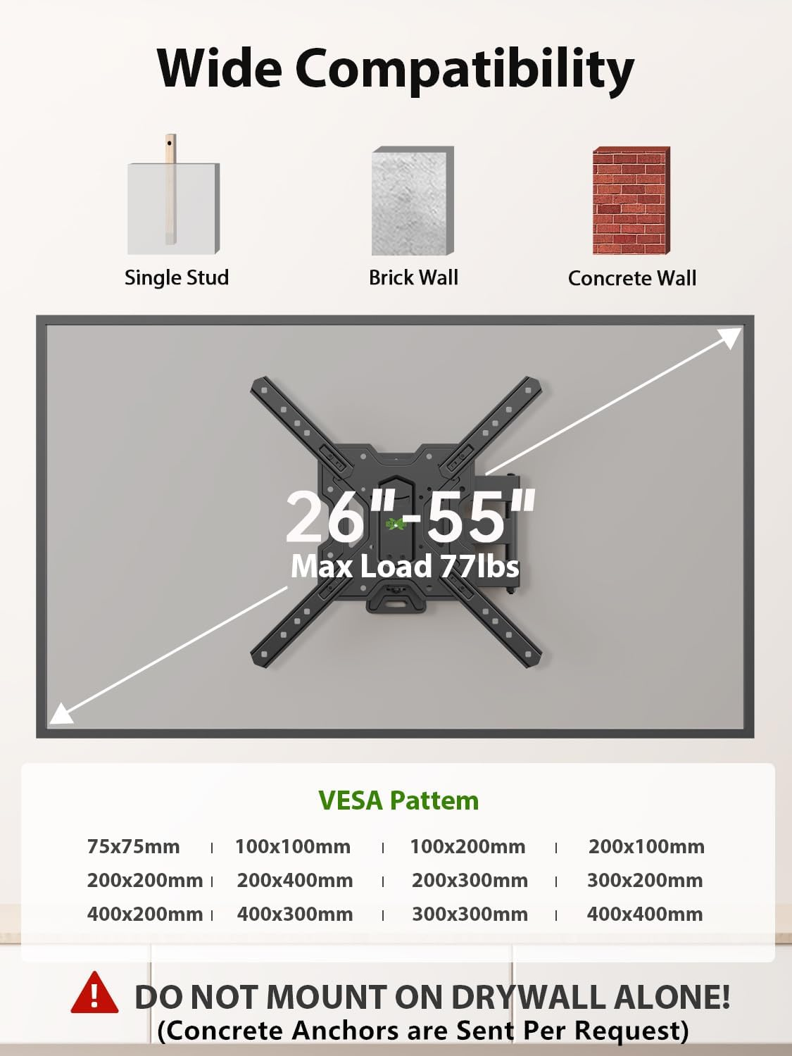 USX MOUNT Full Motion TV Wall Mount for 26-60 Inch Tvs up to 77 Lbs, Articulating TV Mount with Perfect Center Design, Single Stud TV Wall Bracket, Max VESA 400X400Mm, XMM006 image number 3