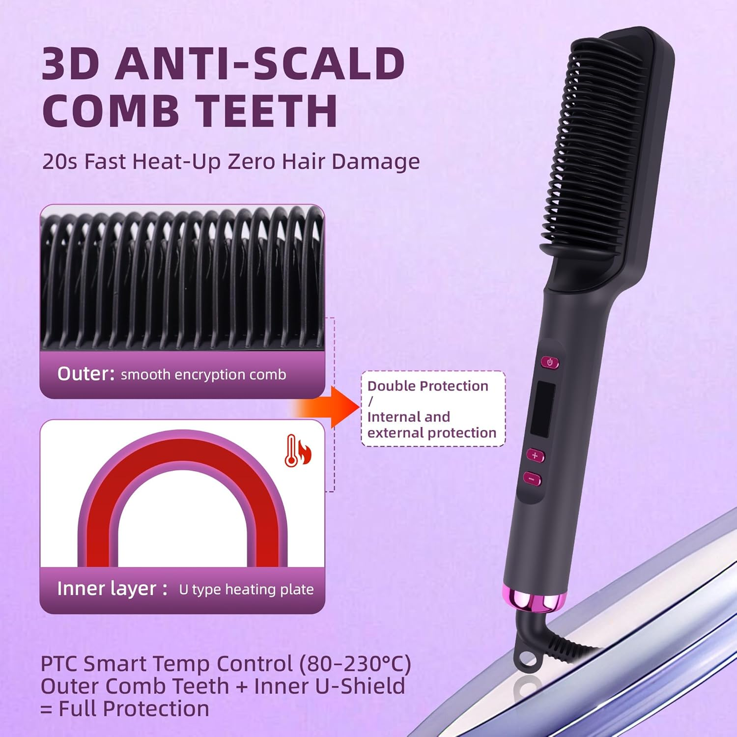 AU Plug Hair Straightener Brush 2-In-1 Straightener & Curler, 80-230&deg;C Adjustable Temp, Fast Heat up in 10S, Anti-Scald Auto Shut-Off, Dry & Wet Use, Lightweight & Portable Styling Tool image number 1