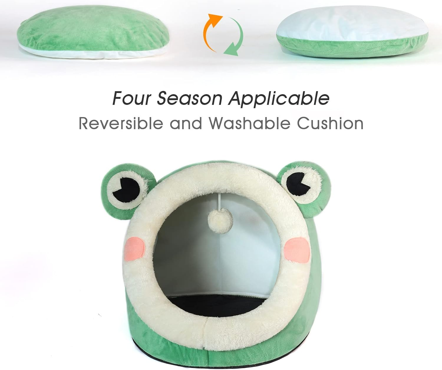 Jiupety Cute Cat Bed, Indoor Lovely Velvet Igloo for Cat and Small Dog, Warm Cave Sleeping Nest Bed for Puppy and Kitten, Green Frog, M image number 3