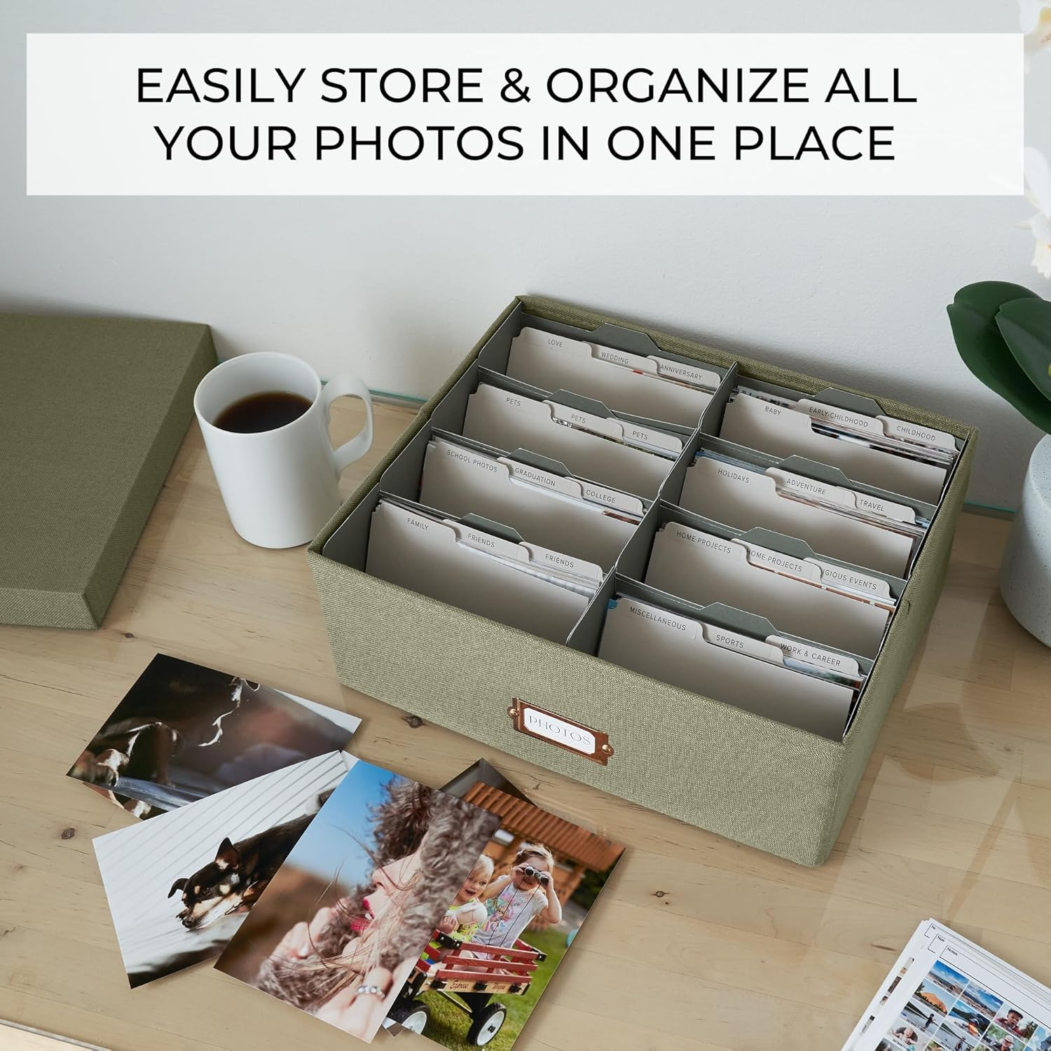 ZICOTO Decorative Photo Storage Box - Sturdy Linen Photo Organizer with Dividers Is Perfect to Store up to 1700 Pictures and 4X6 Photos - Portable Scrapbook Storage Containers with Lid - Sage image number 5