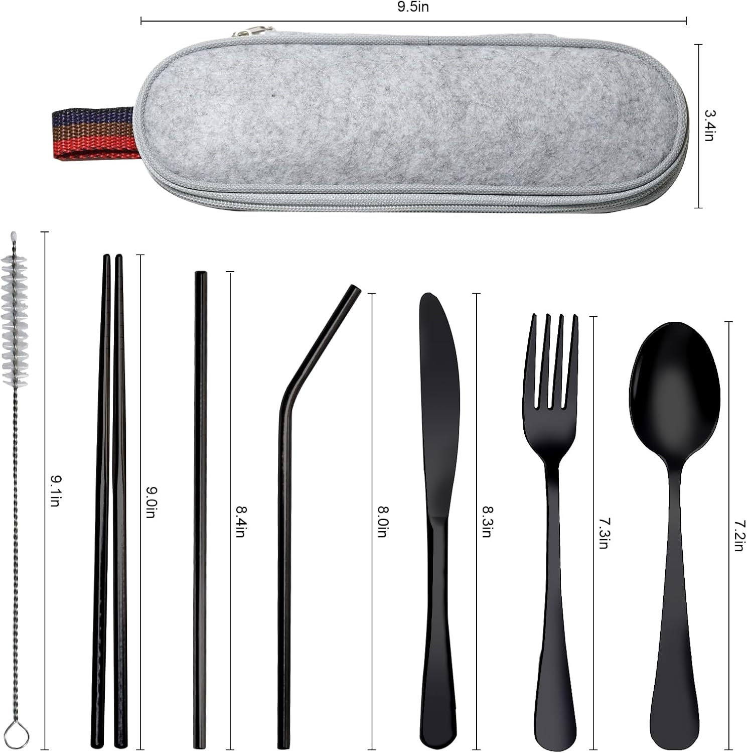 Portable Stainless Steel Flatware Set, 8-Piece Including Knife Fork Spoon Chopsticks Cleaning Brush Straws Portable Case, Stainless Steel Flatware Set （Black） image number 4