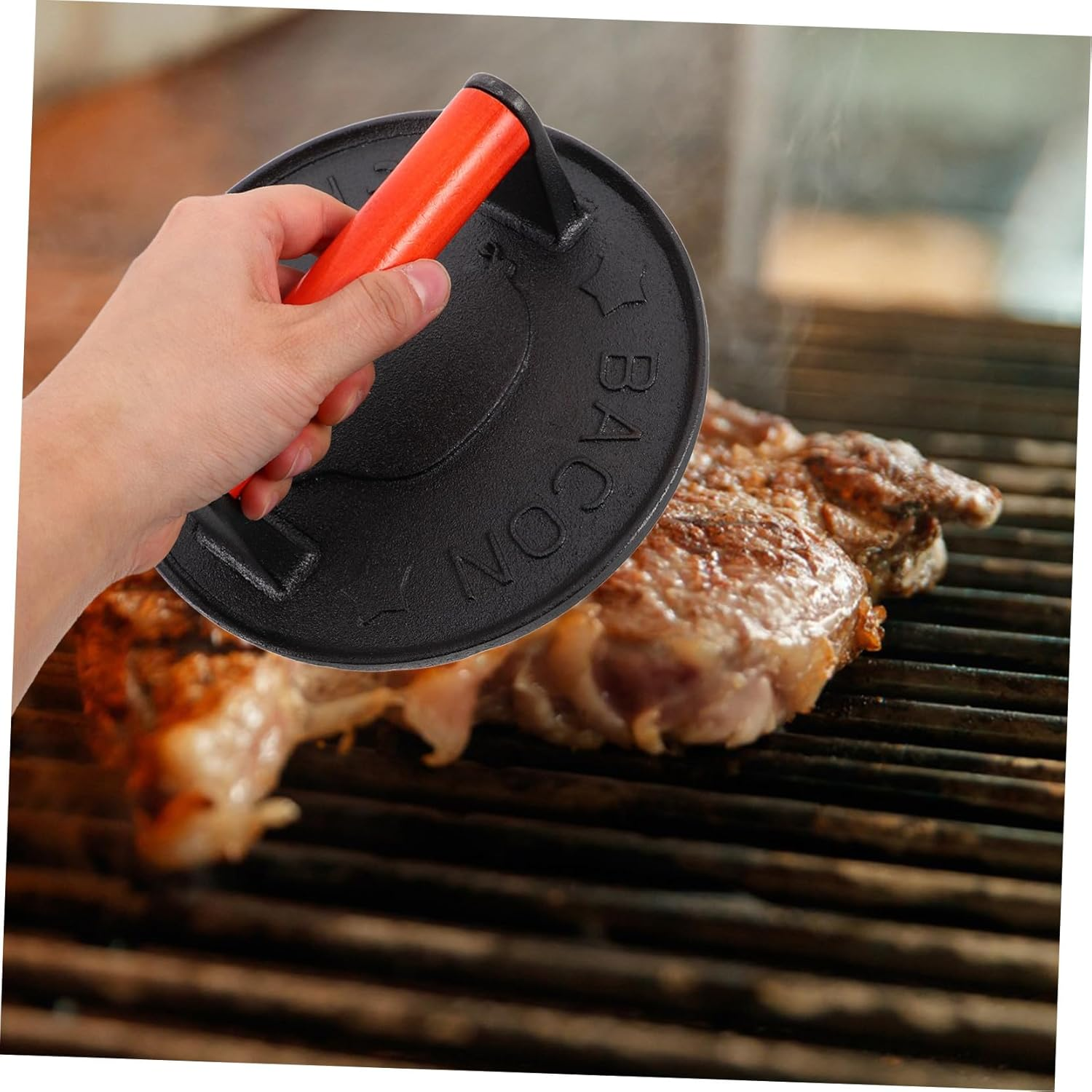 DECHOUS Cast Iron Grill Press with Wooden Handle Nonstick Hamburger Smasher for Griddle Frying Pan and Grill Use Manual Meat Press Kitchen Gadget for Indoor Outdoor BBQ Cooking image number 1