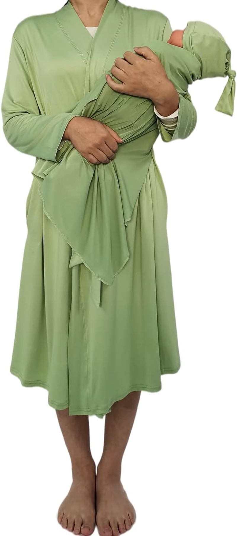 SUFEINI Maternity Robe and Matching Baby Swaddle Blanket Set, Mommy Robe with Receiving Blanket Girls Boys Sleepwear, A31-Green, Small image number 4