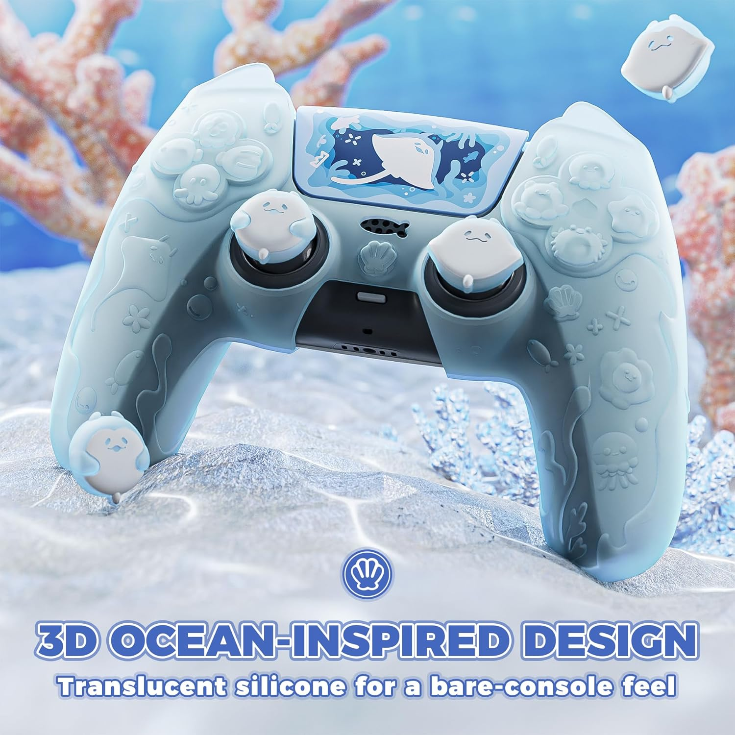Playvital for PS5 Controller Cover Skin - Cute Ocean Whisper Series Semi-Clear Silicone Case for PS5 Controller with Thumb Grip & Sticker, Charging Station Compatible, Full Protection - Mint Blue - Peach Pink image number 5