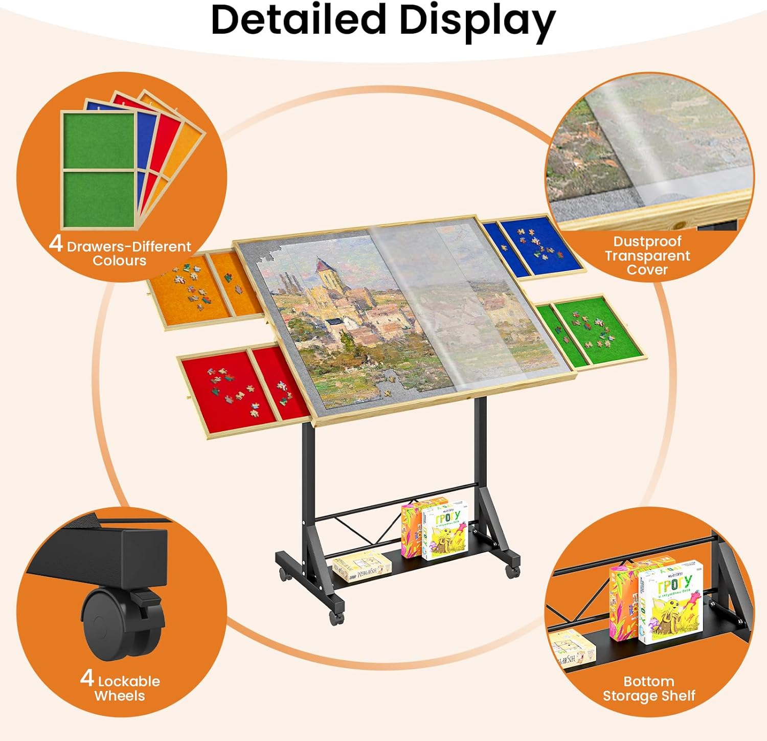 Jigsaw Puzzle Table 1500 Pieces Adjustable Height Puzzle Board 360&deg; Tilting Angle, Puzzle Table anti Slip Felt with Leg Rolling, Sorting Drawer, Cover and Storage for Adults Birthday Gift image number 5