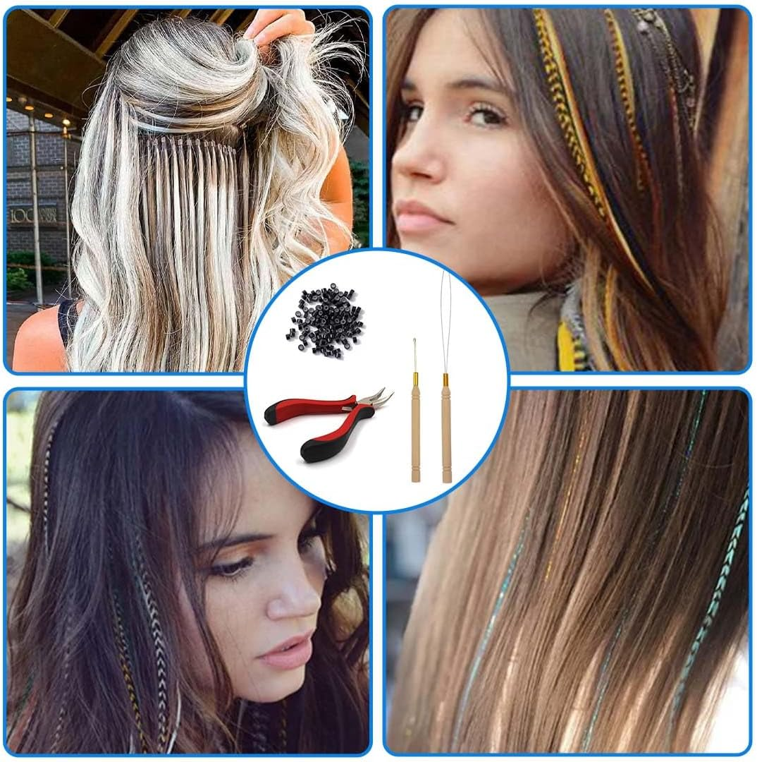 GXGM Micro Ring Extensions Real Hair Micro Ring Hair Extension Set with 1 Micro Ring Hair Pliers 1 Piece Micro Ring Needle Threader 1 Pull Hook and 100 Pieces Micro Rings for Hair Extension image number 1