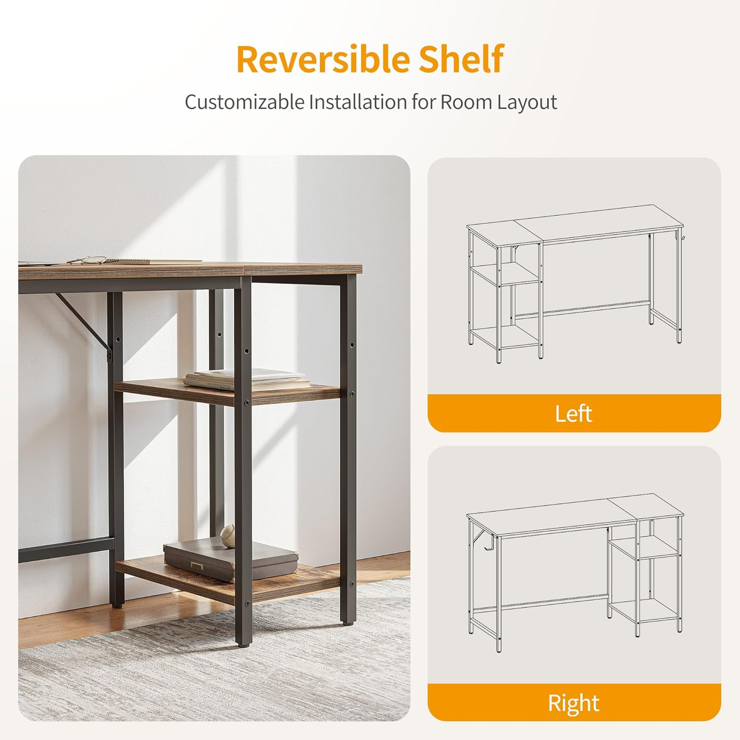 Cubicubi Computer Desk with 2 Reversible Storage Shelves 120X48Cm Office Desk Study Table, Vintage Brown image number 5