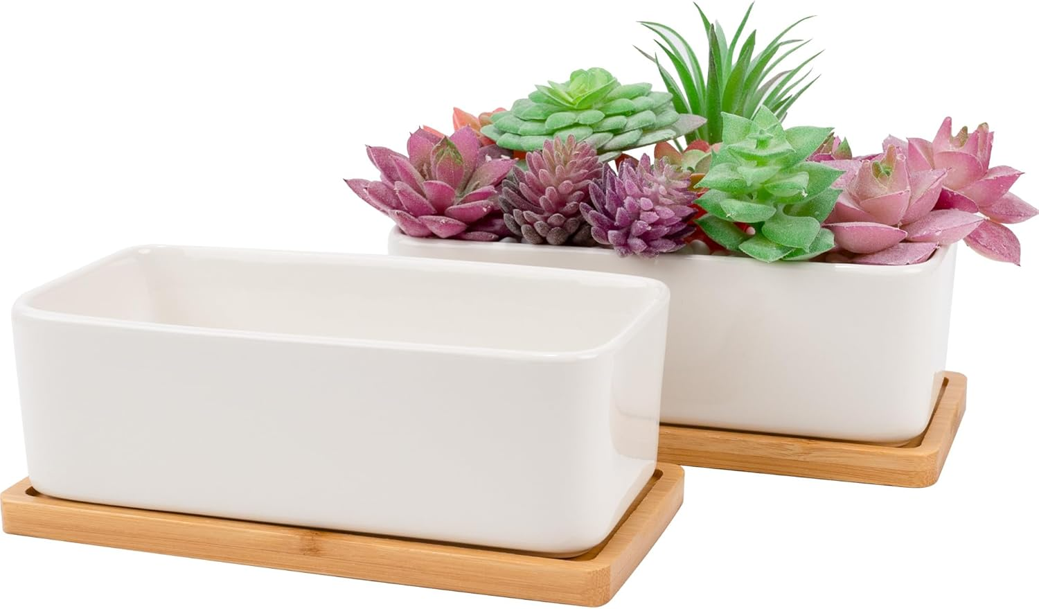 2 PCS Succulent Pot Cactus Containers White Ceramic Planter with Drainage Hole and Removable Tray Small Plant Pots for Home Office Decor Bonsai Container for Indoor Outdoor Plants (Rectangle) image number 3