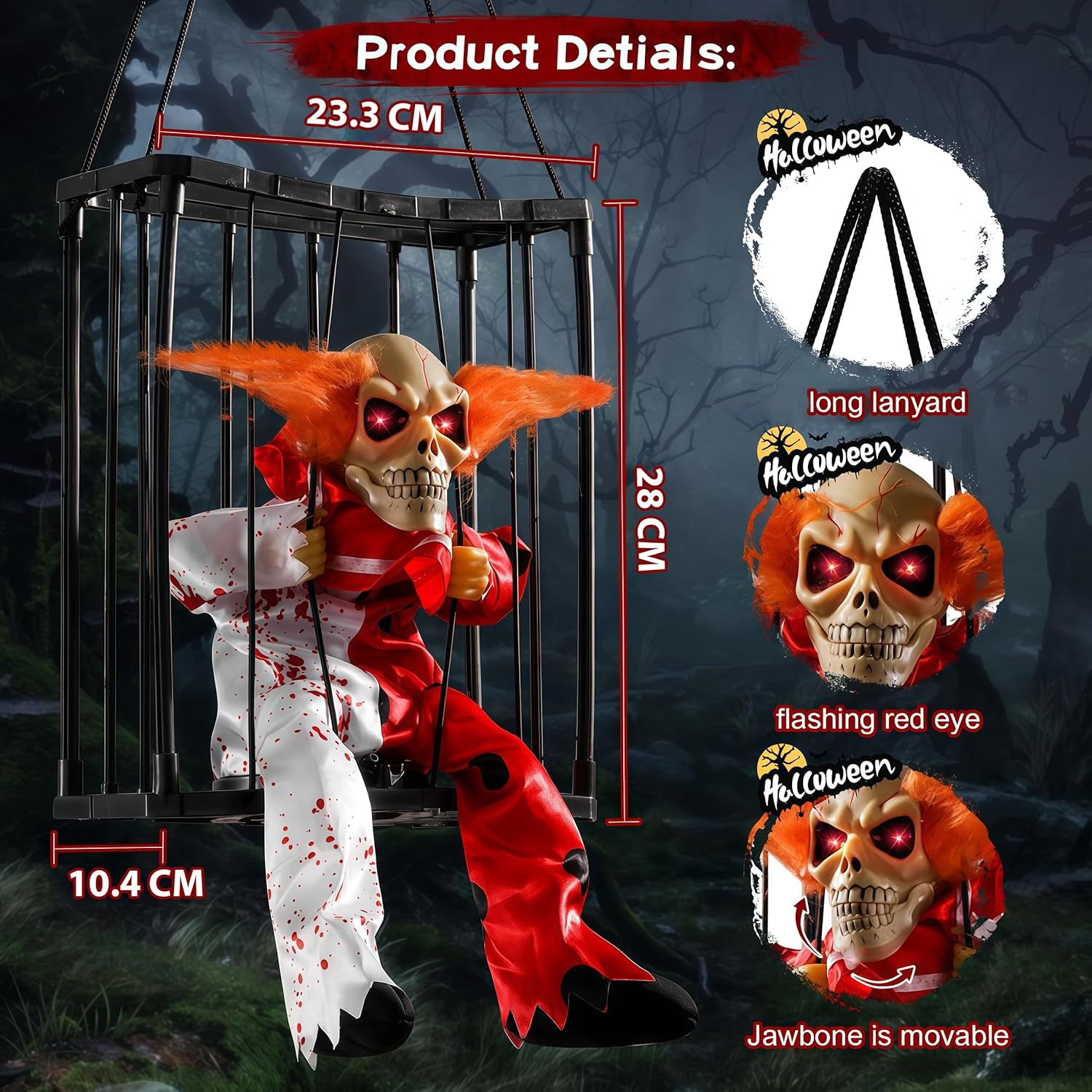 Halloween Decorations Outdoor Animated Halloween Decor Scary Skull Cage Prop with Sound & Motion Activated Spooky Hanging Ghost Decoration for Haunted House Indoor outside Home Decor image number 4