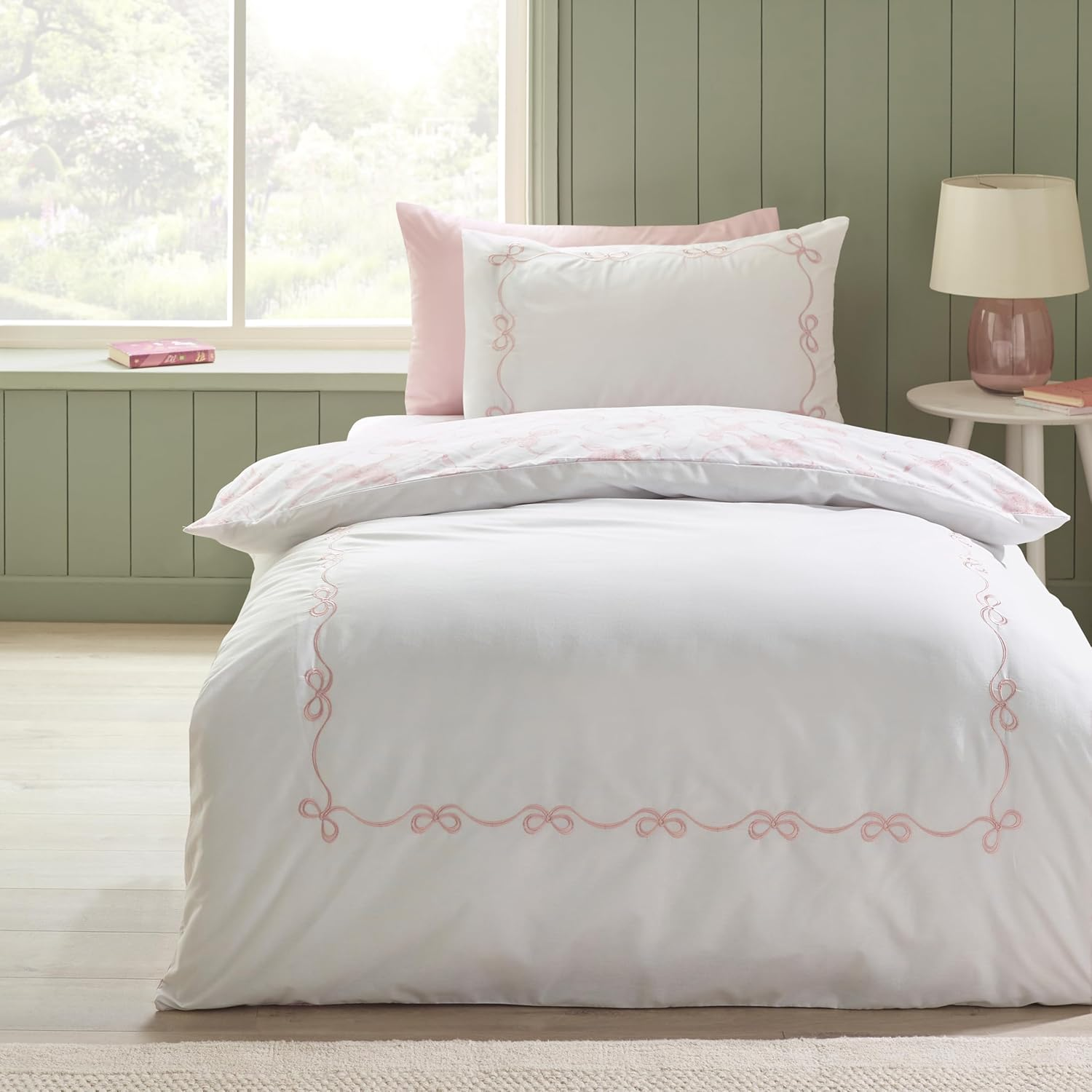 Catherine Lansfield Bow Embroidery King Duvet Cover Set with Pillowcases White/Pink image number 1