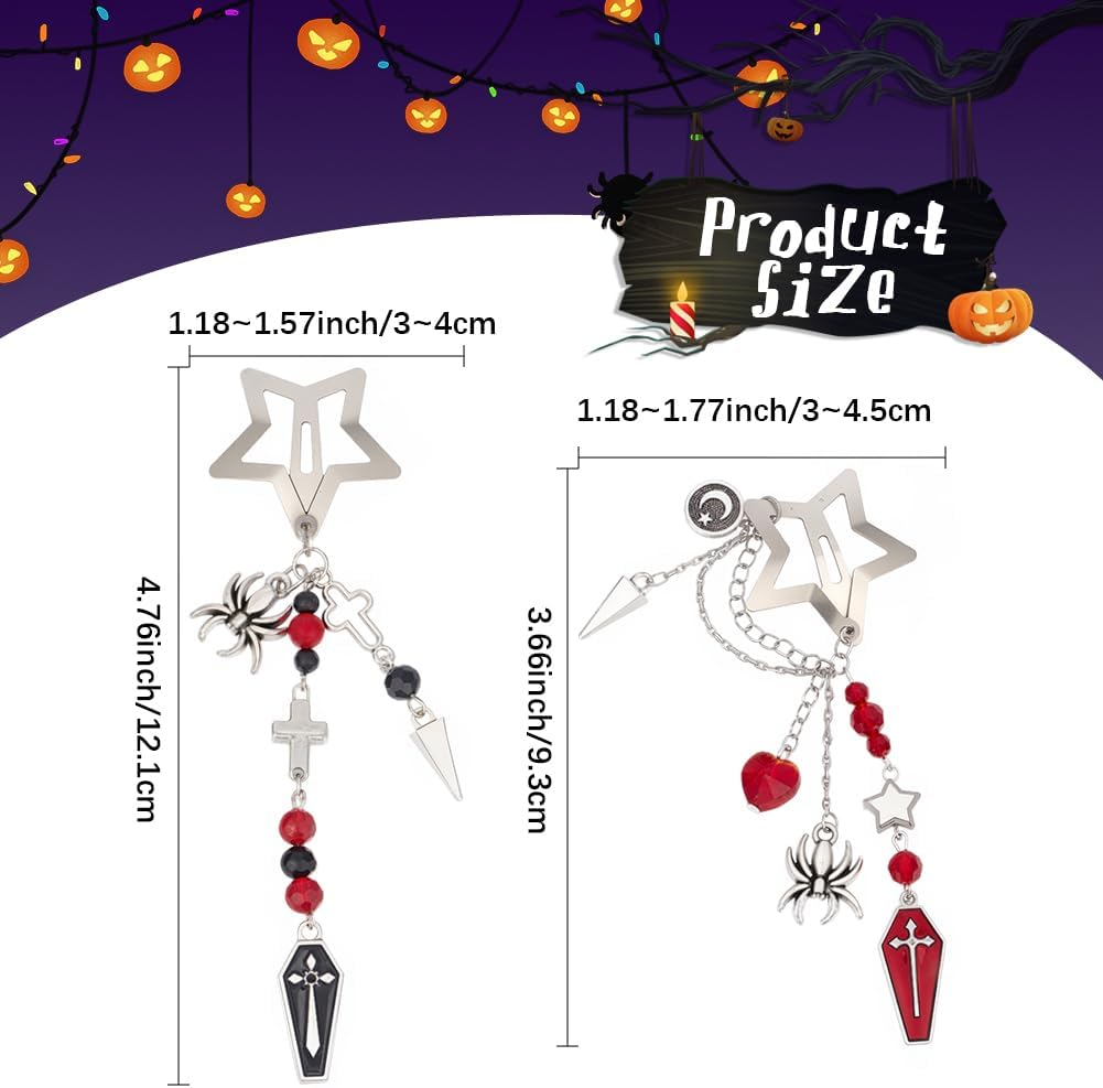 SUNNYCLUE 1 Box DIY 6 Sets Tassels Hair Clips Making Kit Halloween Gothic Hairclips Cross Coffin Charms Black Red Heart Beads Star Hairpins Accessories for Women Braid Long Short Thin Thick Hair image number 4