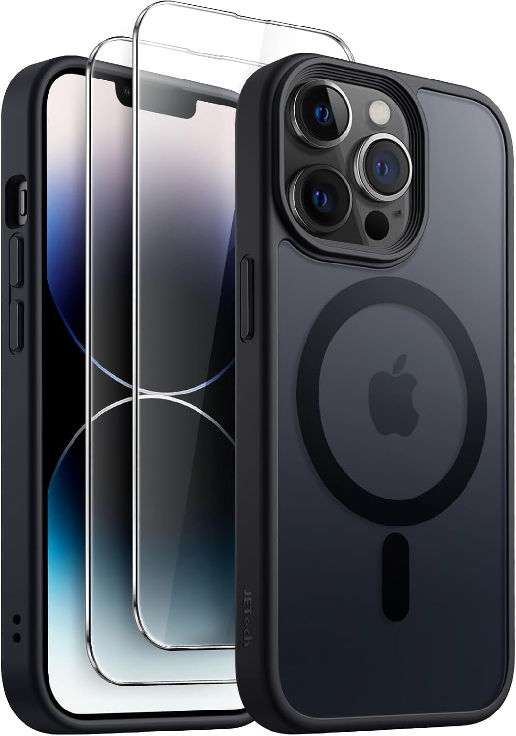 Jetech 3 in 1 Magnetic Case for Iphone 14 Pro Max 6.7-Inch with 2 Pack Tempered Glass Screen Protectors, Compatible with Magsafe, Translucent Matte Back Shockproof Phone Cover (Black)