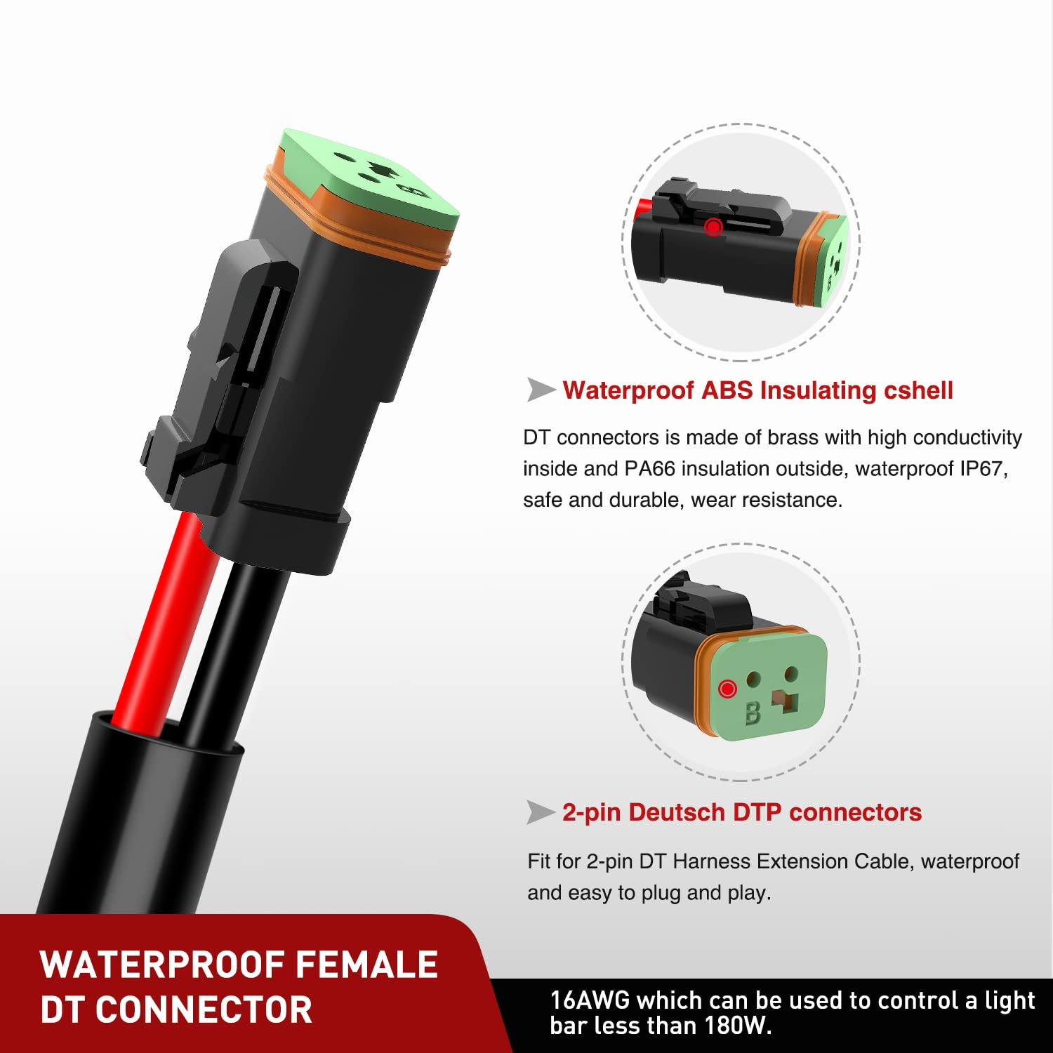 Nilight 2PCS 16AWG 10 Feet Wiring Harness Extension Kit, Extended Plug and Play 2-Pin Socket DT Connector Wire Cord for Offroad LED Light Bar Work Light Led Pod Driving Fog Boat Light image number 5