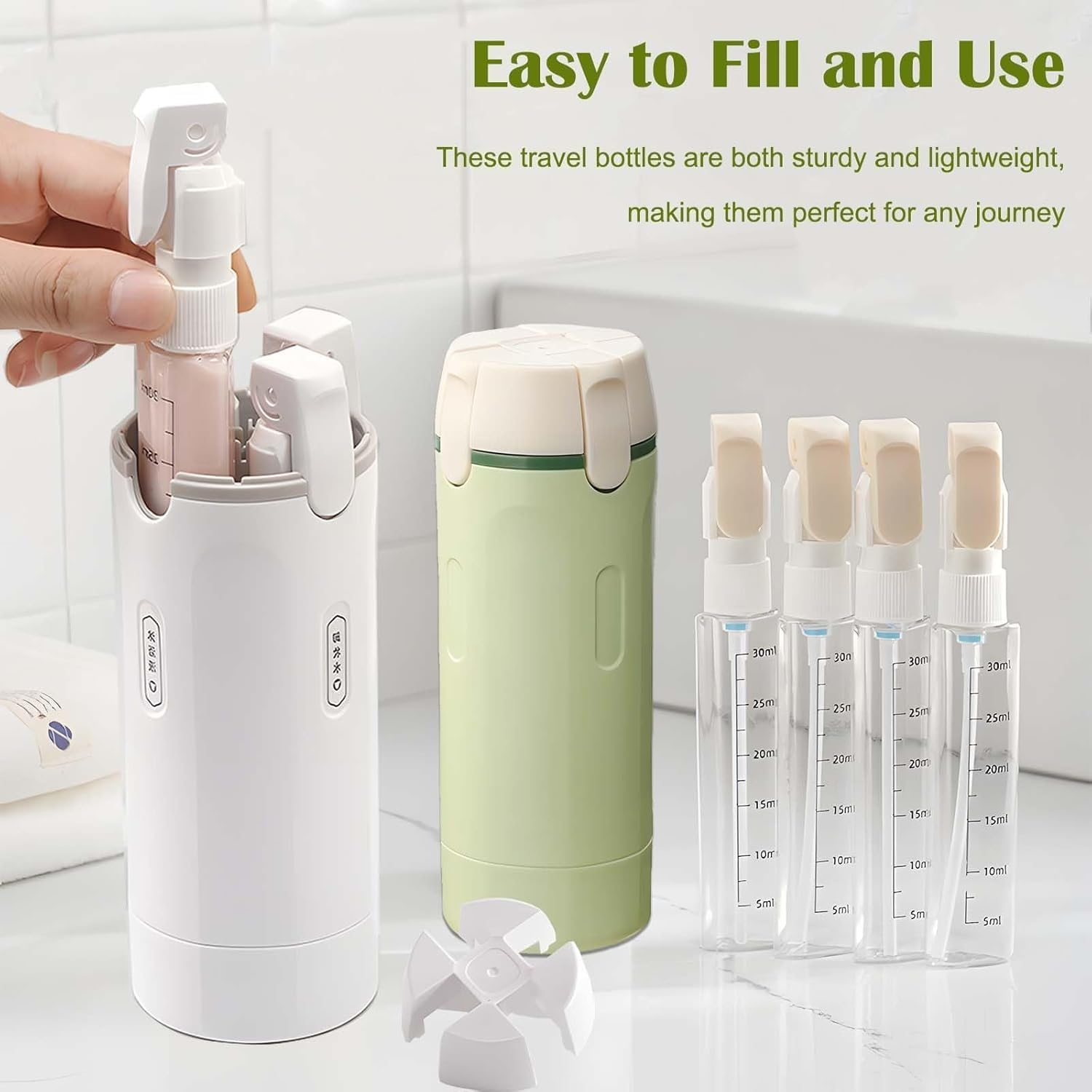 4 in 1 Travel Dispenser - 4 Pack Refillable 30Ml Travel Dispenser Bottles, Leak Proof Containers Portable Toiletries Containers for Shampoo Lotion Conditioner Cream (Green) - White image number 4