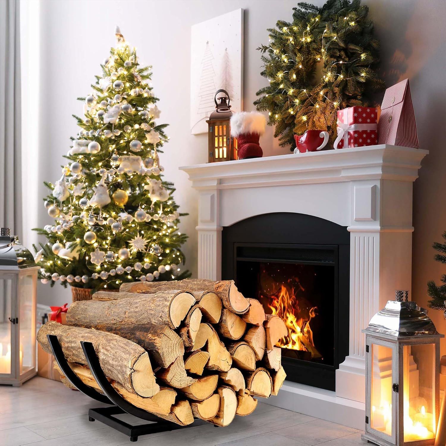 Curved Firewood Rack Holder: Heavy Duty Firewood Holder Indoor Outdoor for Firewood Storage - Fireplace Wood Rack Log Holder Black 22-Inch image number 6