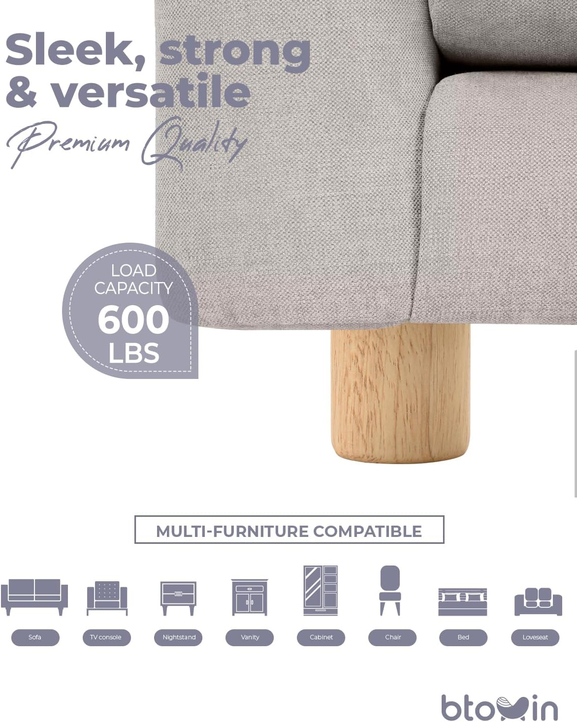 2 Inch Solid Wood Furniture Legs, Btowin 4Pcs Modern round Wooden Bun Feet with Threaded M8 Hanger Bolts & Mounting Plate & Screws for Sofa Couch Cabinet Bed image number 4