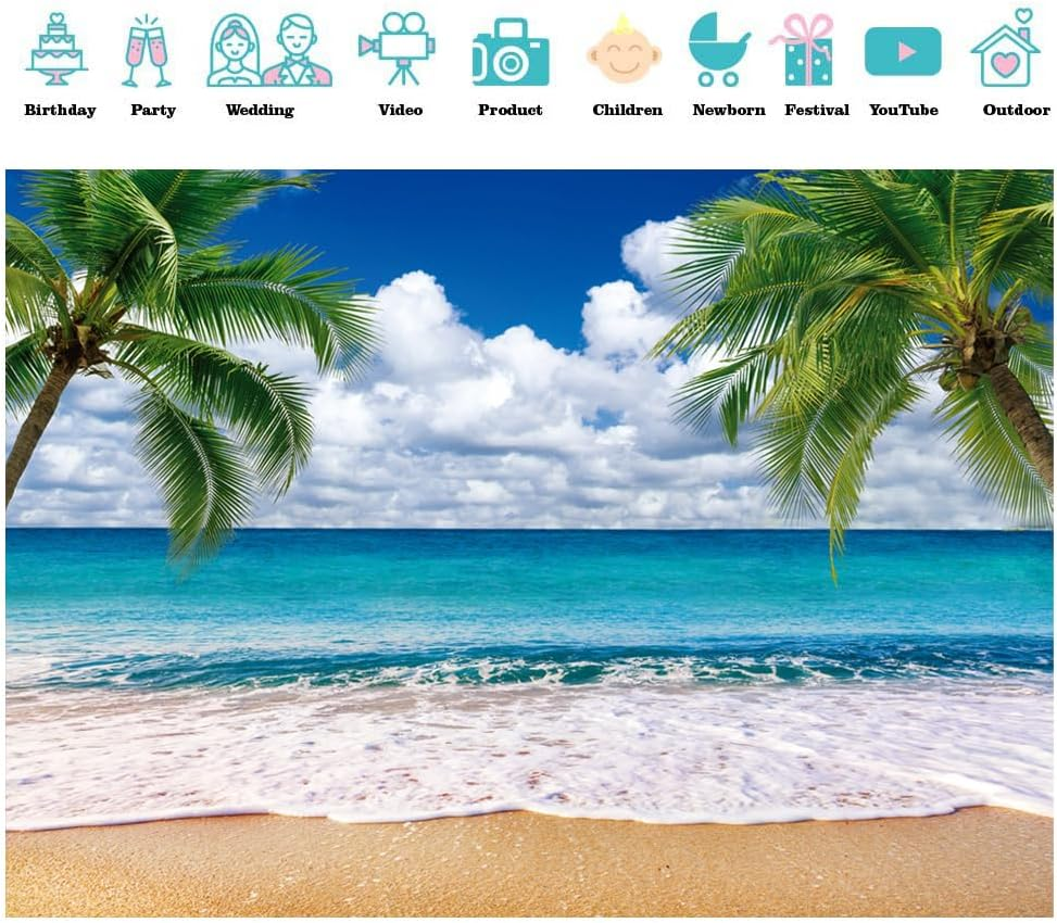SJOLOON Summer Sea Backdrop Tropical Beach Plants Photo Backdrop Hawaiian Ocean Blue Sky Background for Theme Party Supplies Studio Props 12692(7X5Ft) image number 5
