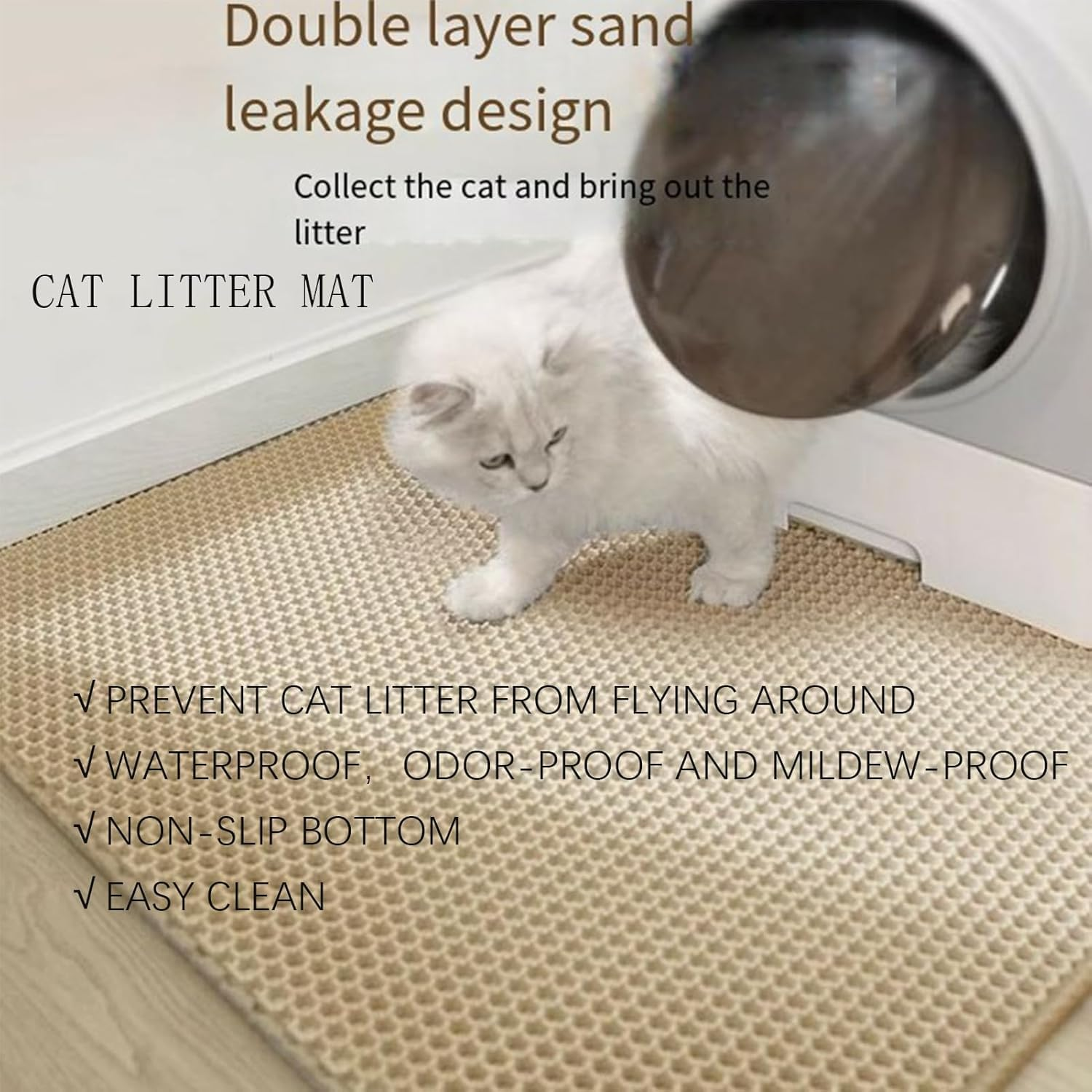 METOY Cat Litter Mat Large,35"X24" Litter Trapping Mat,Honeycomb Design for Scatter Control,Easy to Clean Litter Box Mat, Waterproof,Urine-Proof,Non-Slip Kitty Litter Mats for Floor (Khaki)