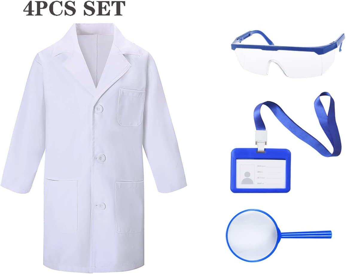 TOGROP 4Pcs Doctor Scientist Lab Costume for Kids Role Play Thick White Coat Birthday Party Gift 2-12 Years image number 3