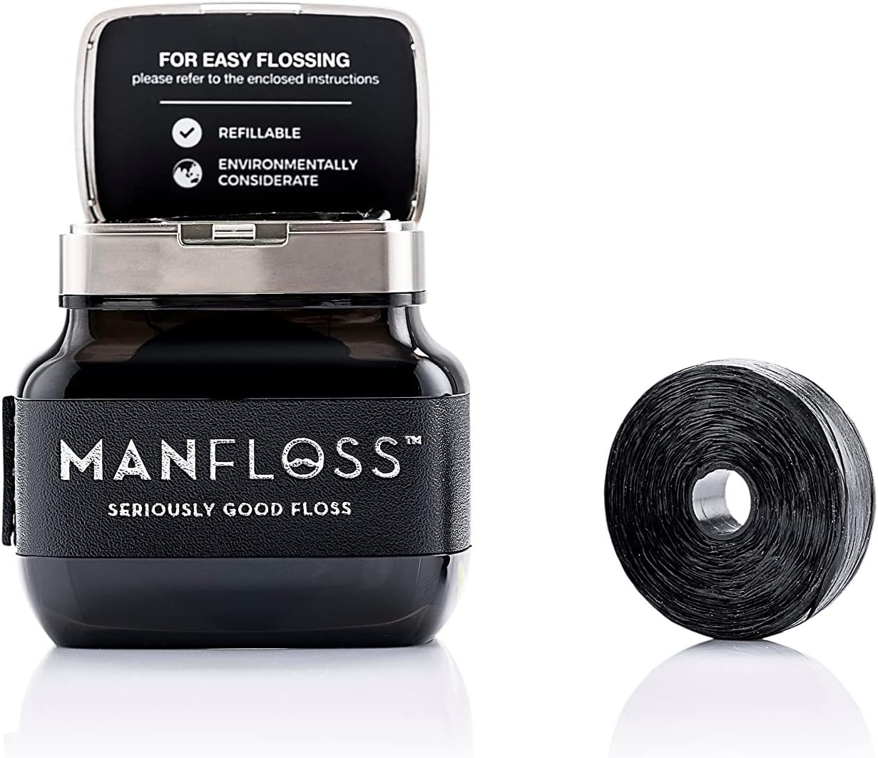 Manfloss Dispenser: 2 X 50M Rolls Black Dental Floss Tape - Seriously Good Floss