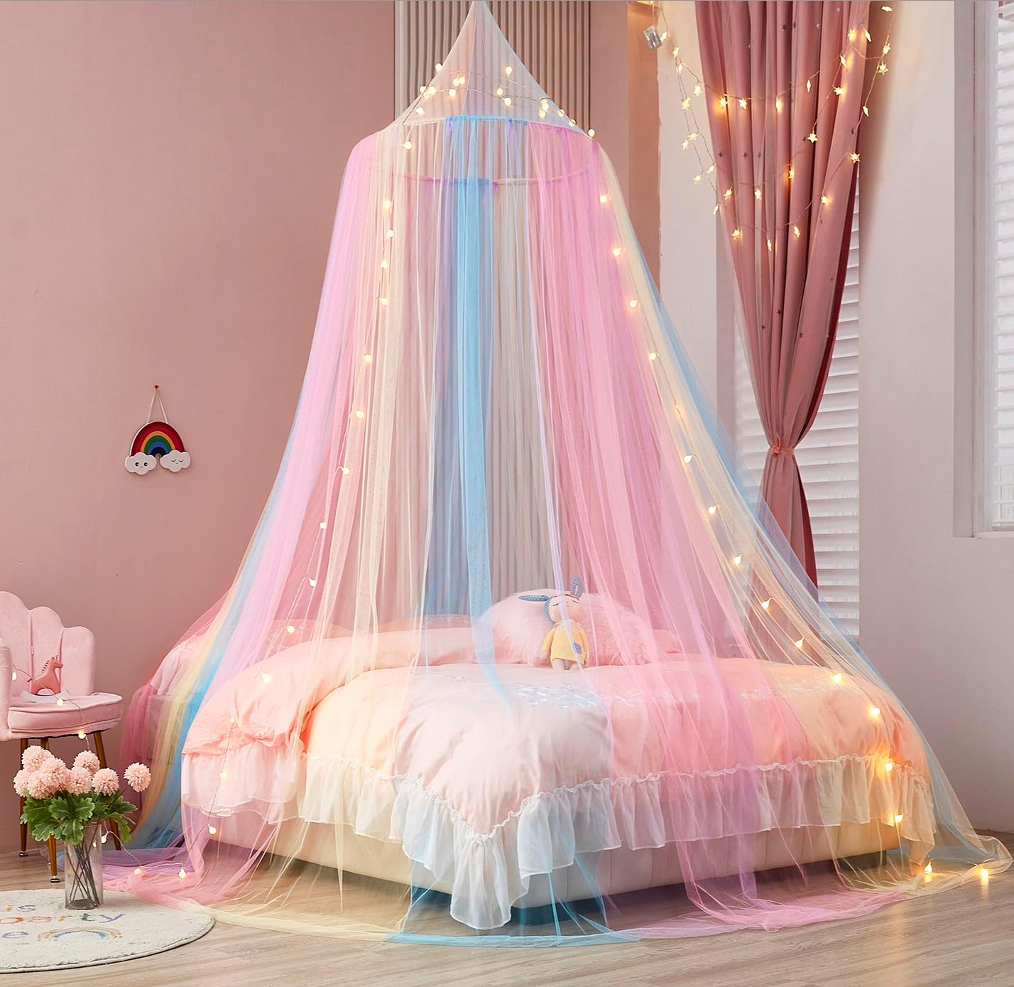 Rainbow Bed Canopy for Girls, Bed Canopy with Lights Canopy for Girls Room Bed Mosquito Netting for Twin Single Full Queen King Size Bed Room Decor for Girls image number 4