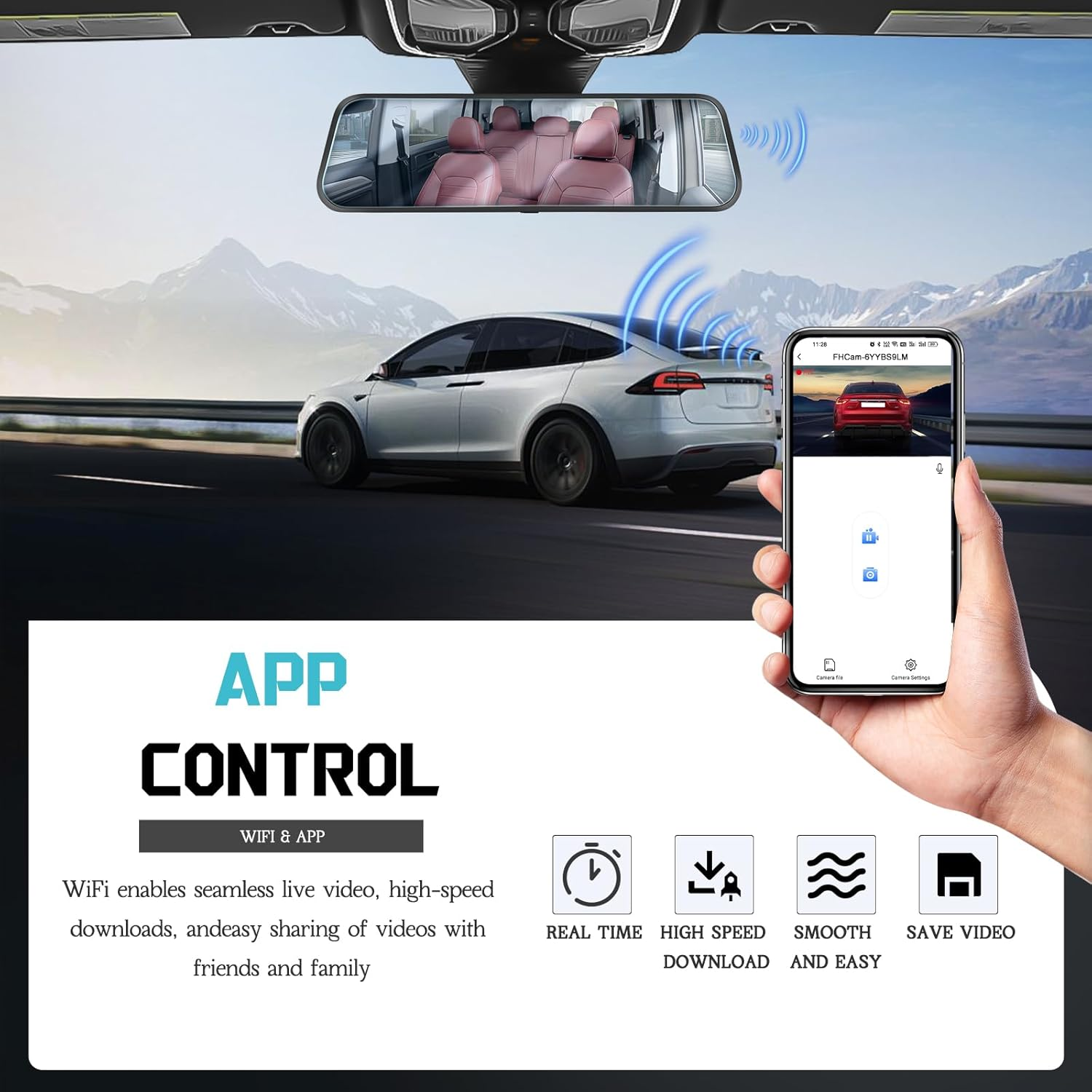 Rimoody 9.66" 2K Mirror Dash Cam 3 Channel Front 2K +Inside 1080P+ Rear 1080P, Rearview Mirror Camera, Touch Screen Front and Rear, G-Sensor Parking Assistance Night Vision 64GB Card image number 6