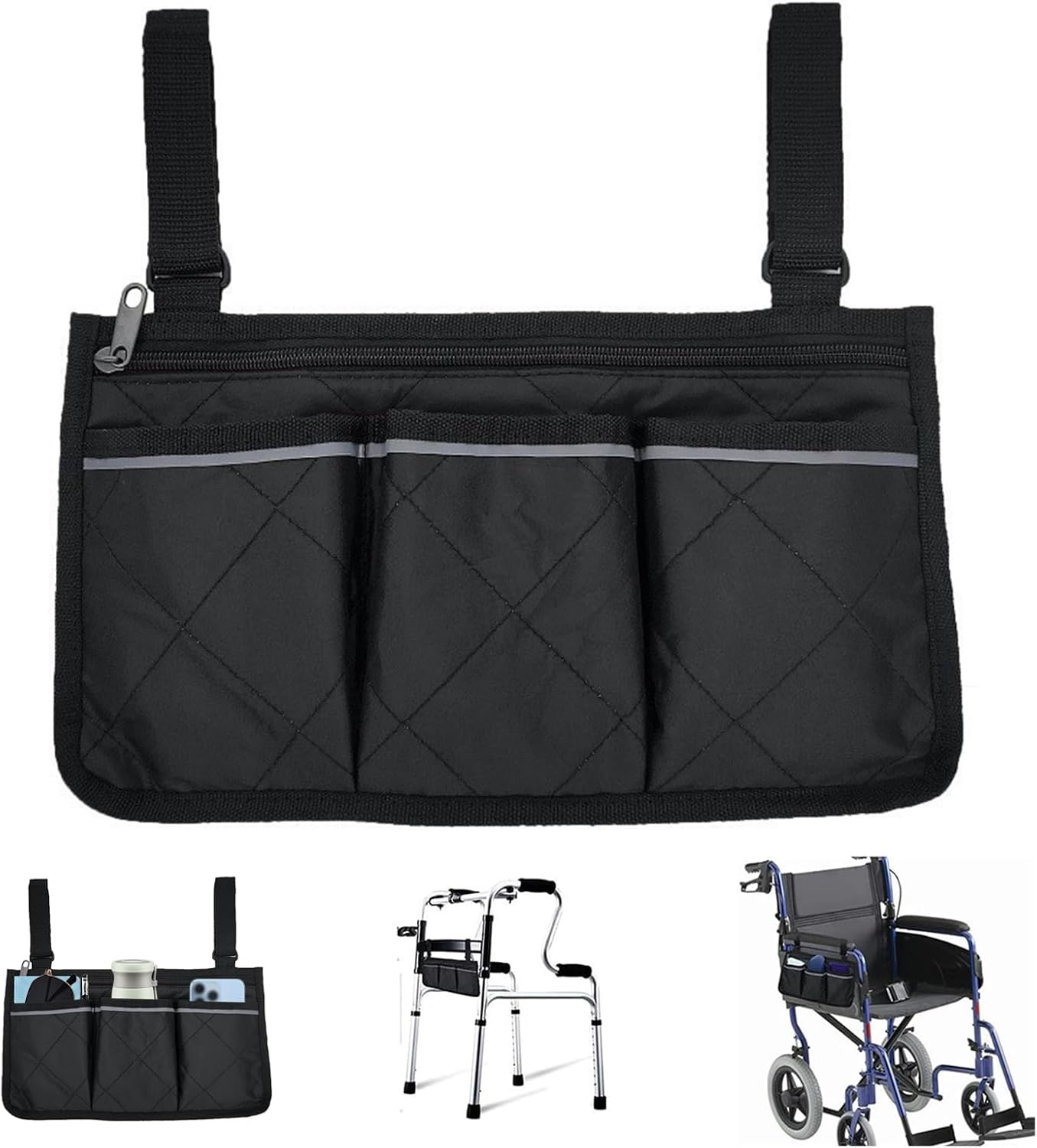 Pack of 2 Wheelchair Bags, Wheelchair Bag, Portable, Rear Wheelchair Bag, Black, Bag for Wheelchair with Reflective Strips, Wheelchair Storage Bag for Seniors, Adults image number 5