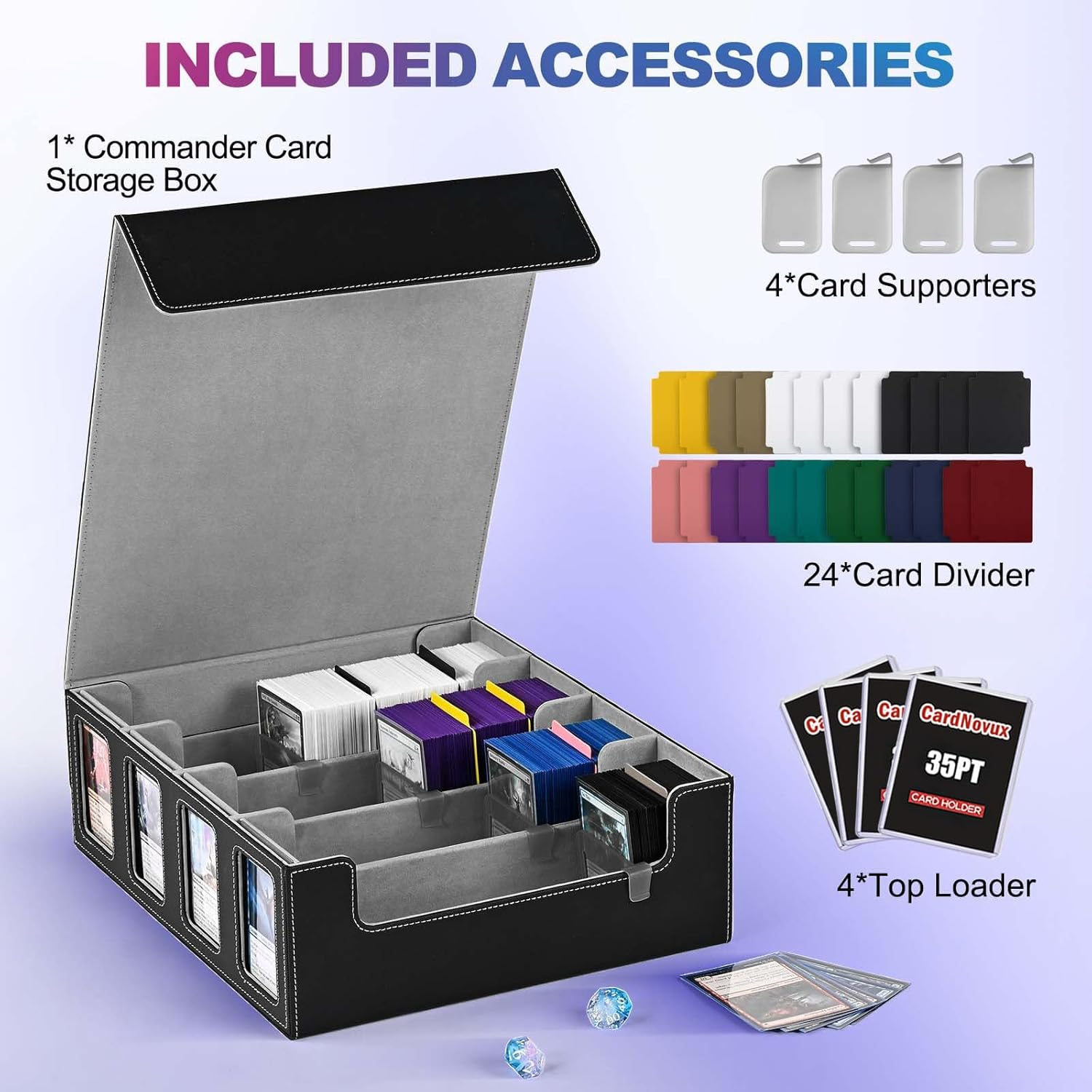 Cardnovux Trading Card Storage Box with Commander Display; 2400+ Deck Box for MTG with Removable Cover; Toploader Card Case Fits Magic TCG PTCG Sports Cards; 24 Dividers, 4 Stoppers (Black & Grey) - Black  Grey image number 4