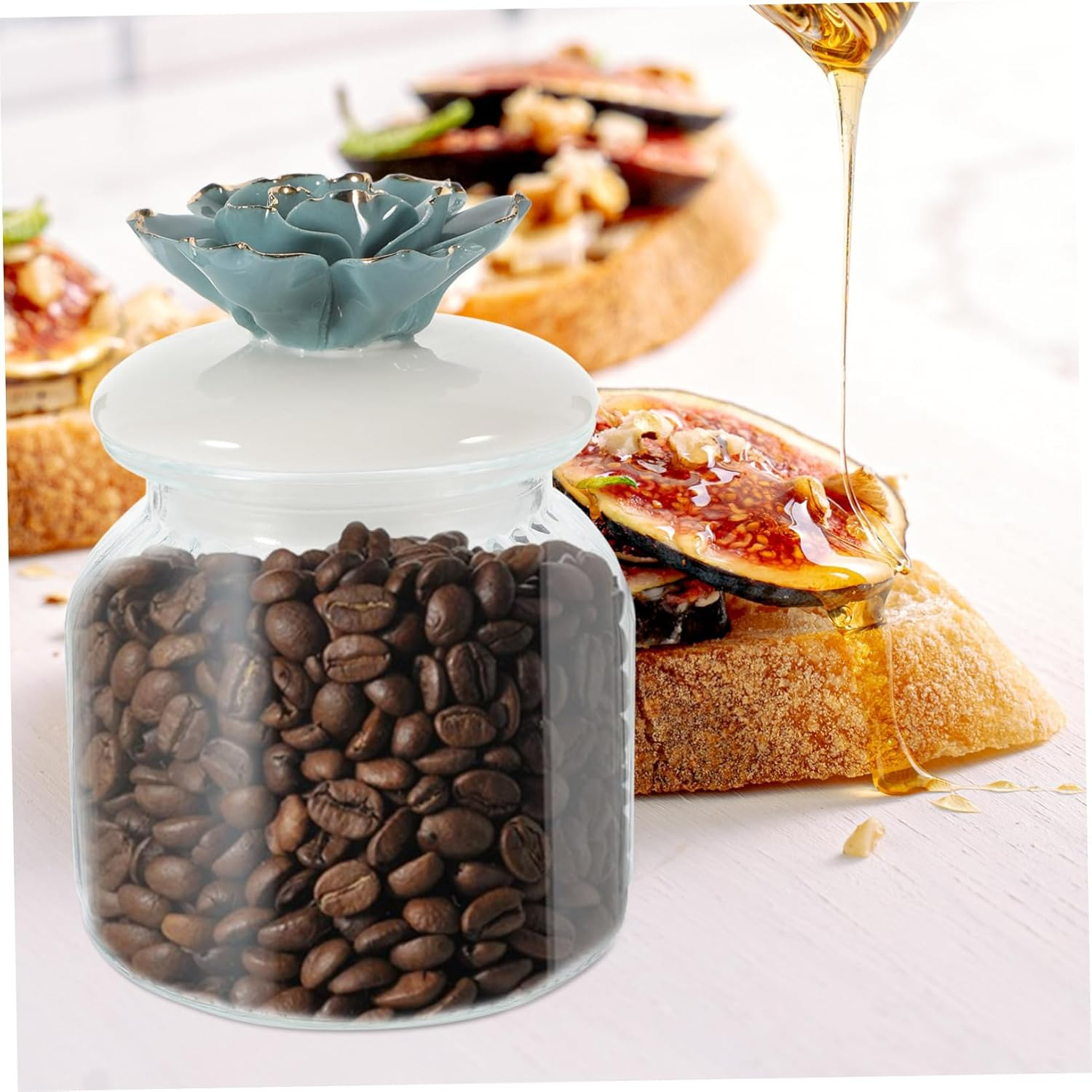 VILLFUL Glass Airtight Storage Jar with Ceramic Flower Lid Elegant Canister for Tea and Candy Safe Glass and Ceramic Material for Home Decor and Organization image number 6
