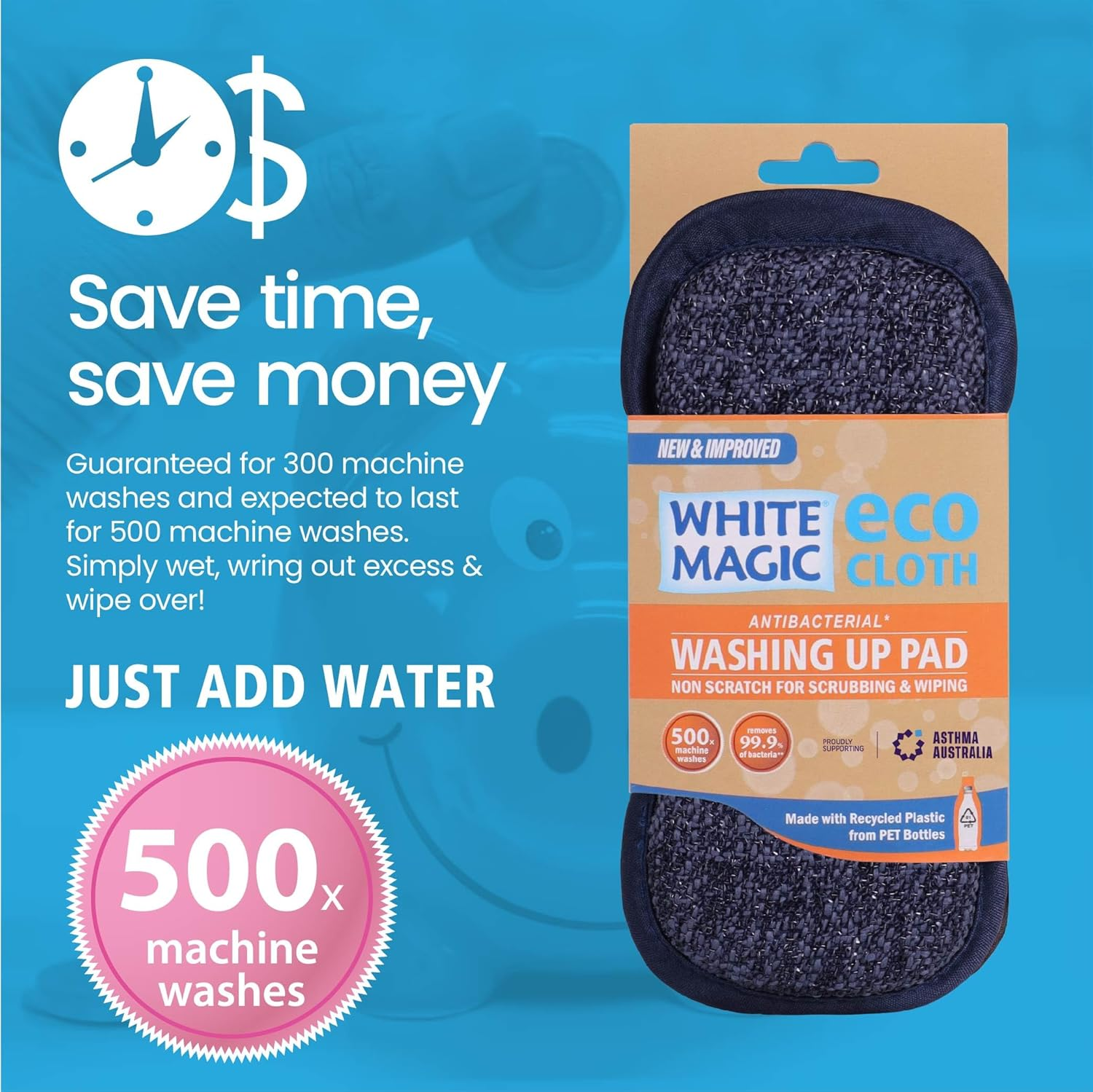 White Magic Dish Cleaning Microfibre Eco Cloth Washing up Pad, Non Scratch, Rough Scrubbers Side for Non-Stick Cookware, Soft Scrub Side for Dishes (Denim) image number 2