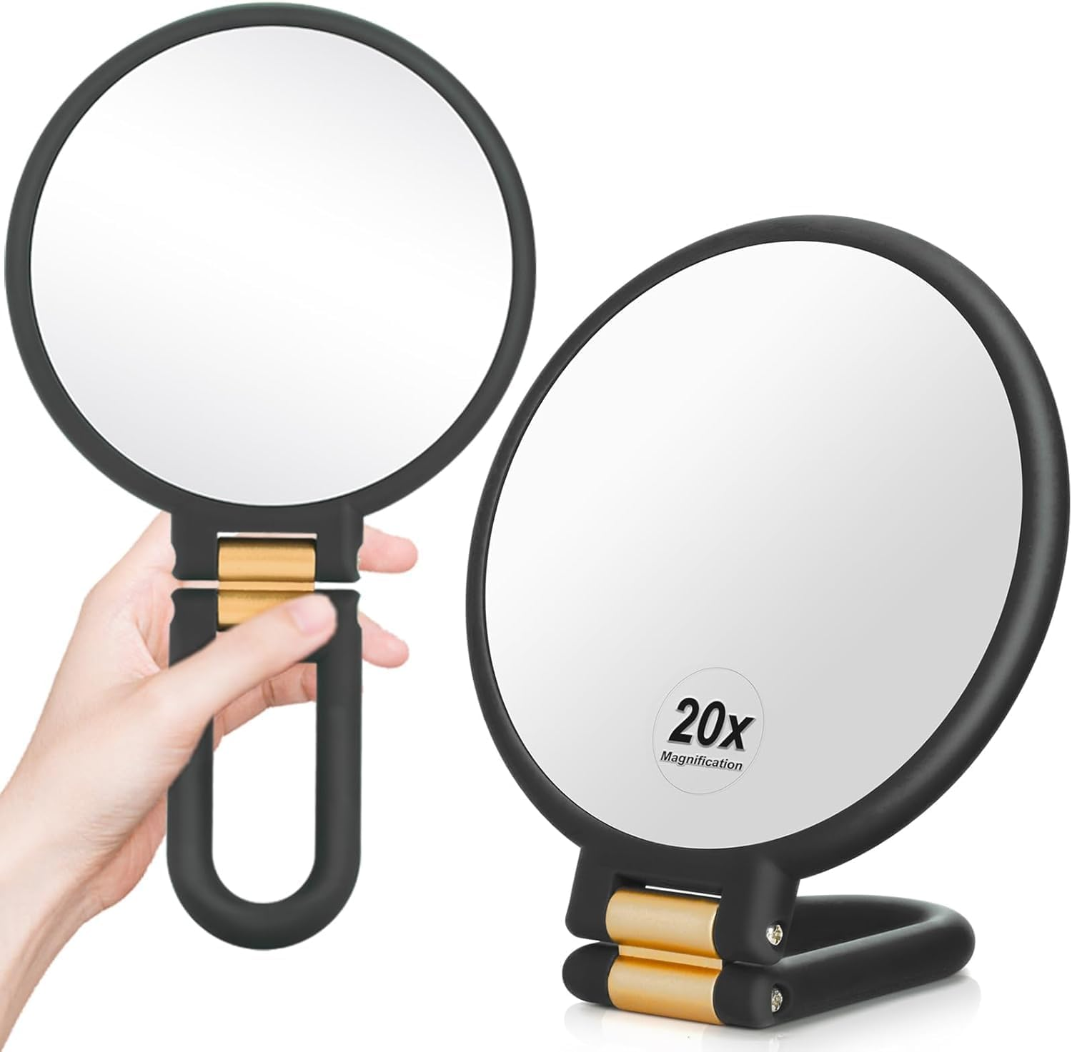 WLFADDY 1X 20X Magnifying Travel Mirror, Hand Mirror with Handle - Double Side Hand Held Mirror with 1X 20X Magnification & Foldable Handle, Portable Travel Makeup Hand Mirror for Women (Black)