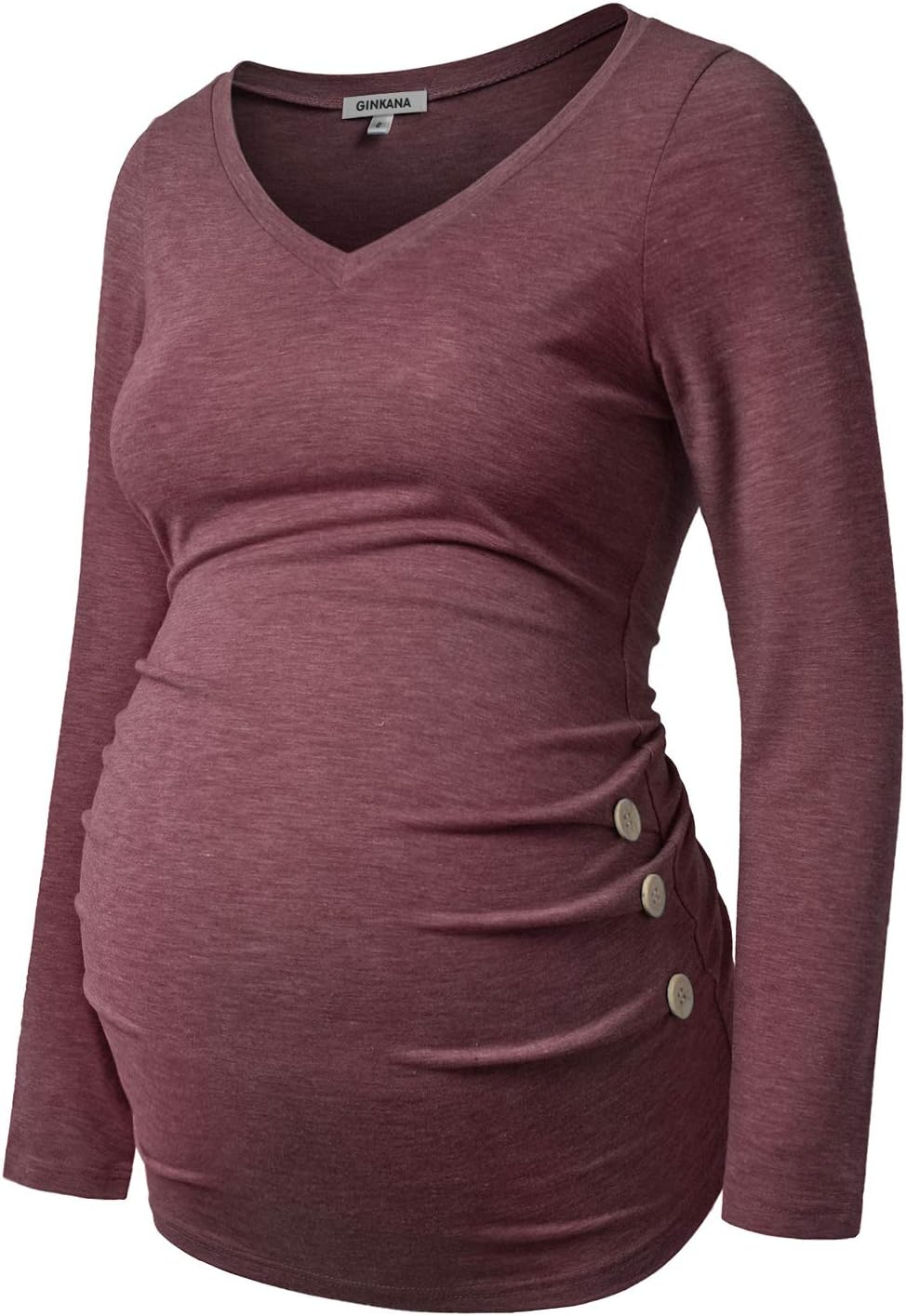 GINKANA Maternity Shirt Long Sleeve Basic Top Ruch Sides Buttons Tshirt for Pregnant image number 5