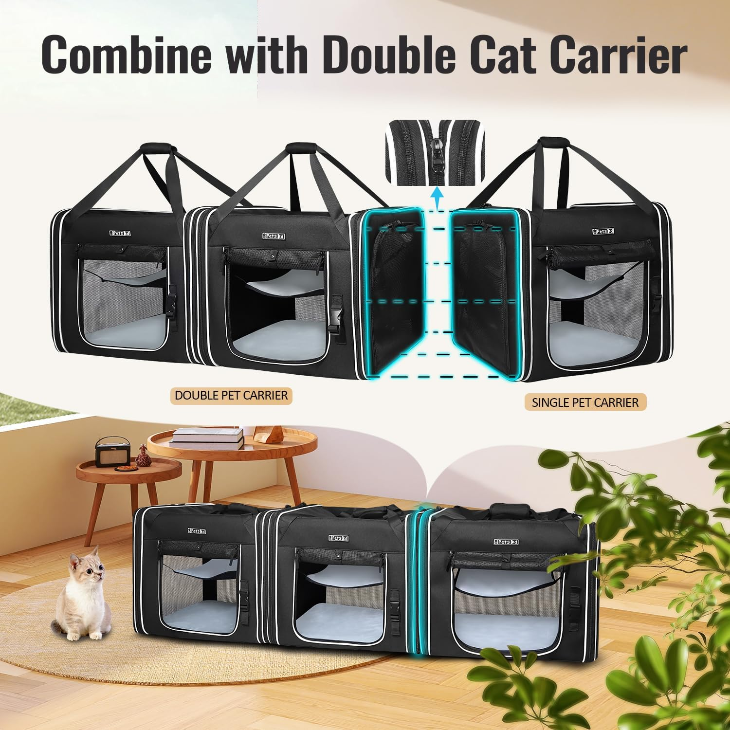 Petskd Combinable Pet Carrier for Large Cat or Medium Dog, 18"X17"X17" Large Cat Carrier for Car Travel, 2 Small Pet Soft Carriers with Food Bag, Bowl and Safety Locking Zippers for Vet, Camping image number 4