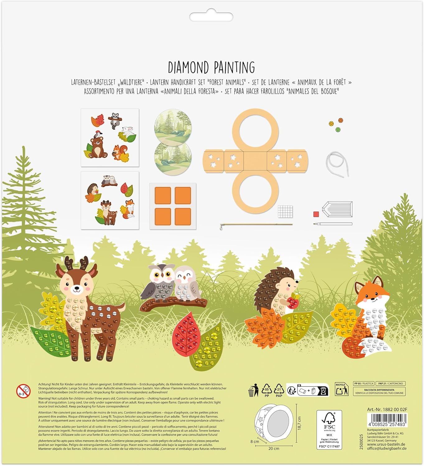 Ursus 1882 00 02F Diamond Painting Lanterns Craft Set Forest Animals, Approx. 20 X 18.7 X 8 Cm, with Rhinestones, for Lantern Crafts, DIY Craft Set for Lantern Parade and Decoration image number 1