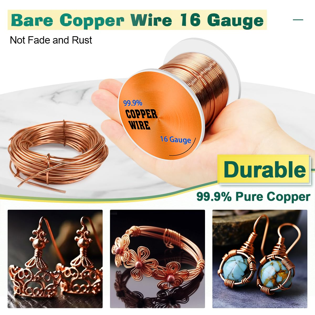 UCINNOVATE 99.9% Pure Copper Wire, 16 Gauge/ 1.3 Mm Diameter 33Feet Soft Pure Copper Wire, 16 AWG 10M Solid Pure Copper Wire for Jewelry Making Wire Craft Wire image number 3