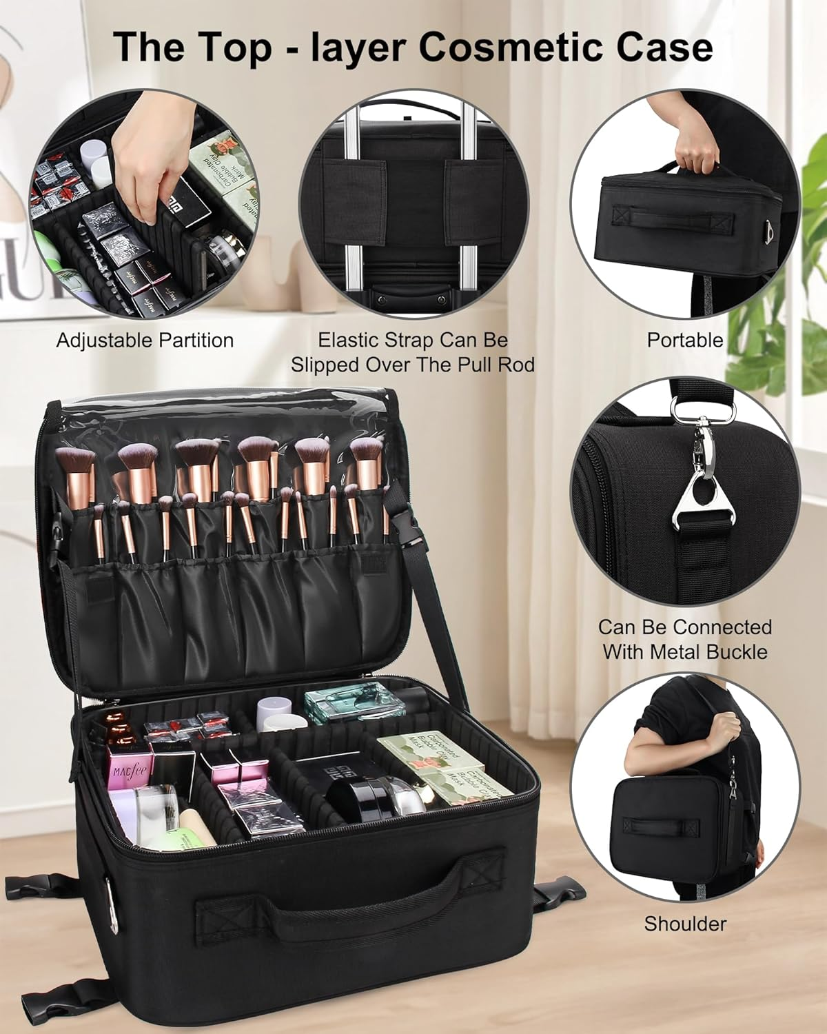 Rolling Makeup Case Professional Makeup Train Case Makeup Artist Travel Organizer 4 in 1 with Detachable Cosmetic Case and Dual Makeup Brush Case and Wheels (Black, 4-Pack) image number 3