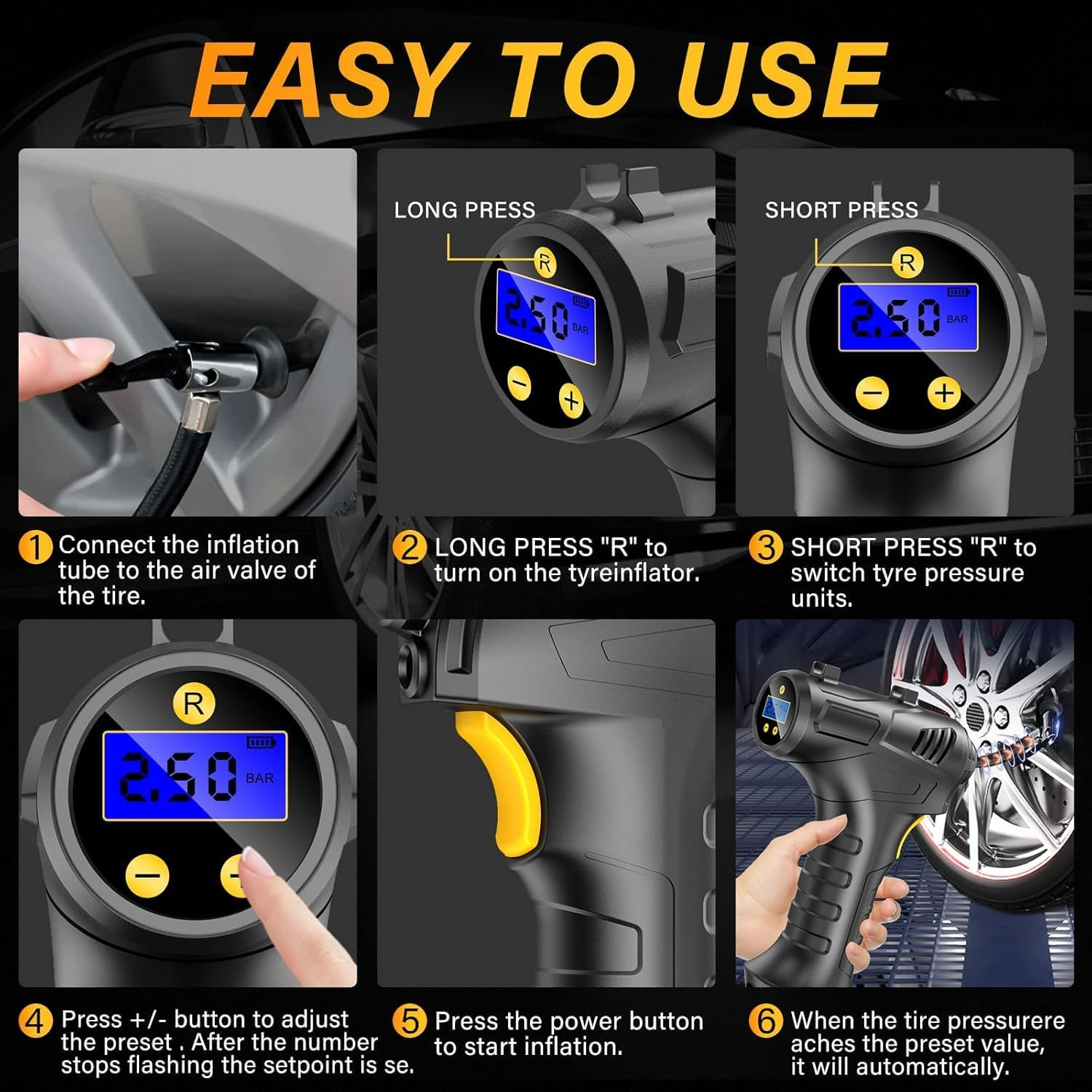Tyre Inflator Cordless Air Compressor,12V USB Rechargeable Battery,150Psi Portable Car Tyre Pump,Electric Digital Pump with LED Light and 3 Nozzle Adaptors,For Cars,Suv,Motorcycles, Bicycle,Balls image number 3