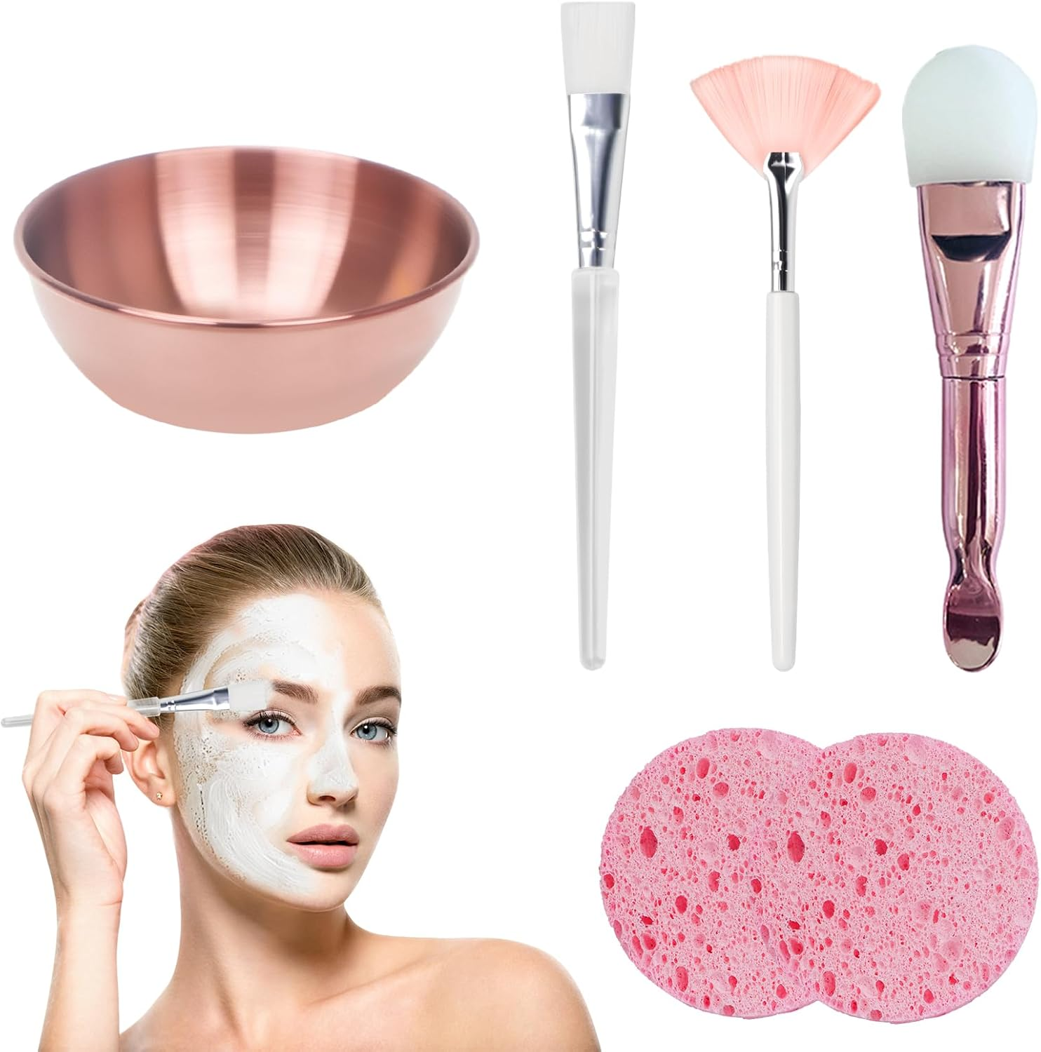 6 Pcs Face Mask Mixing Bowl Set - 1 Facial Bowl, 1 Fan Face Mask Brush Applicator, 1 Flat Brush, 1 Silicone Mask Brush Applicator & 2 Sponges, for Mask, Clay Mask, Cosmetics, Eye Mask, Body Lotion