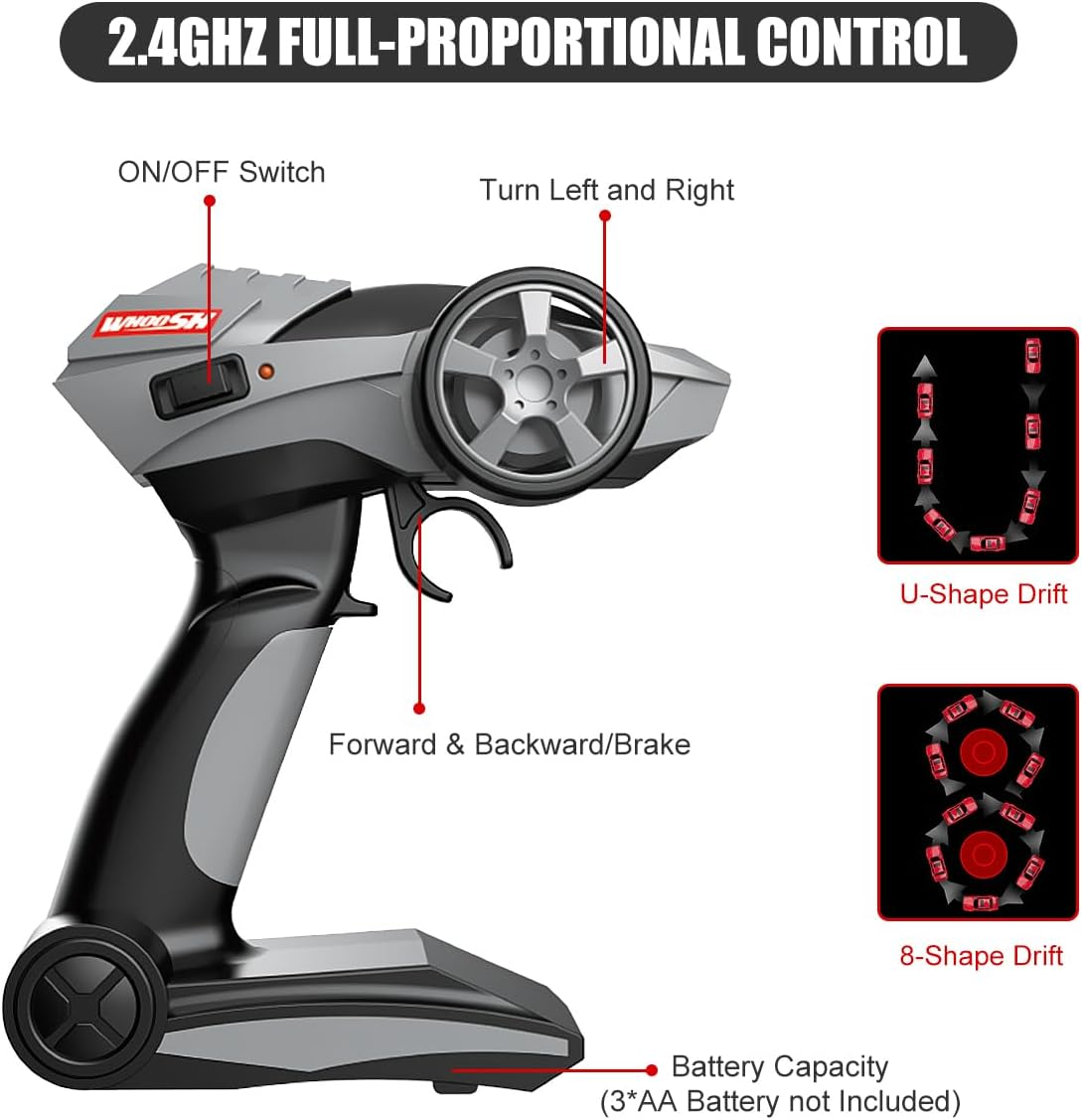 RC Drift Car for Kids Adults 1:16 Scale 2.4Ghz 4WD High Speed RTR Racing Car 30KM/H with Led Lights Remote Control Vehicle Sport Toy Gifts for Girls Boys, Two Batteries and Drift Tire Included image number 4