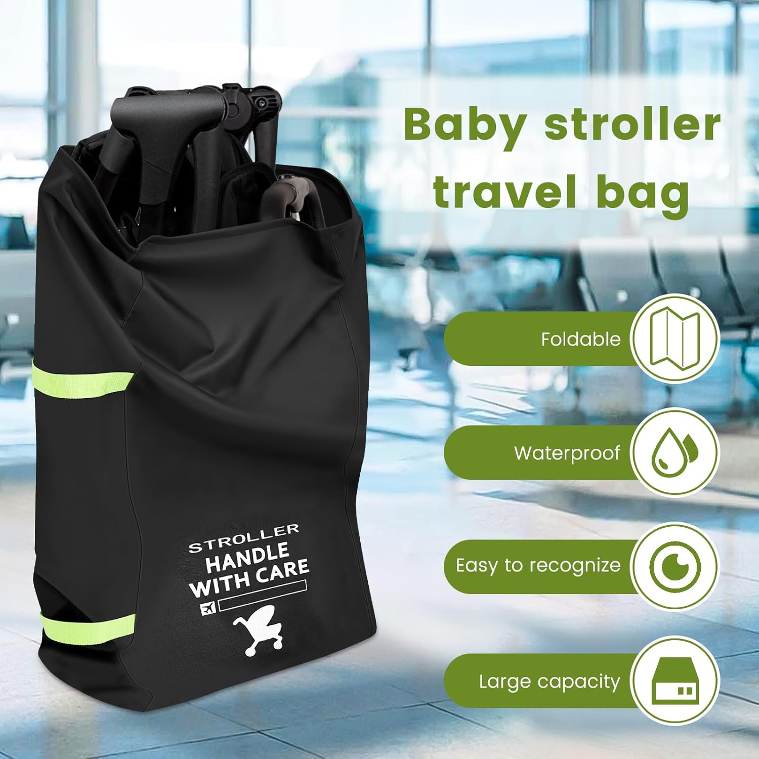 Stroller Bag for Airplane, Gate Check Waterproof Oxford Stroller Travel Bag, Foldable and Portable Design with Hand Straps Black 53X31X114Cm