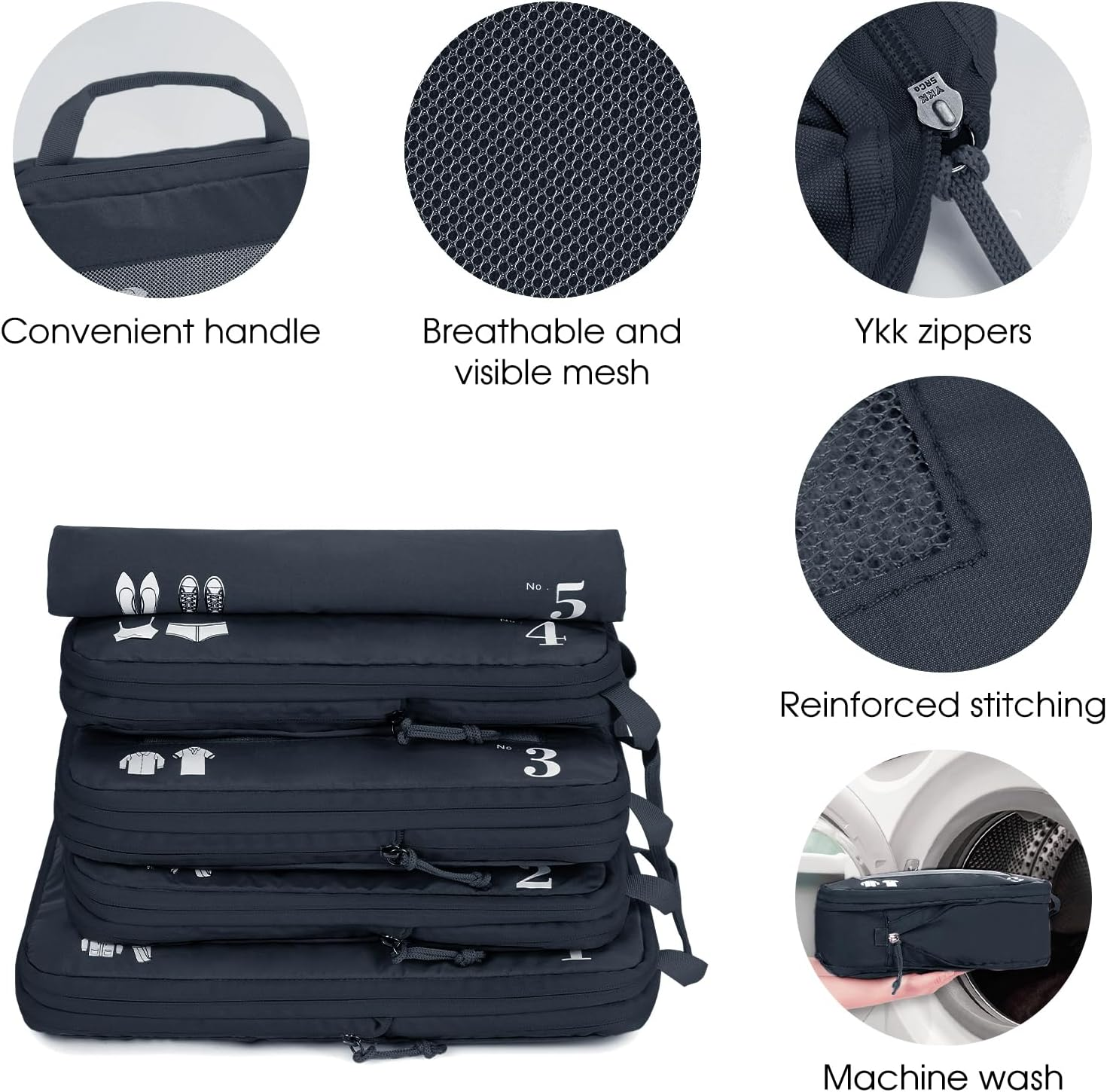 ECOHUB 5 Set Compression Packing Cubes for Suitcases, Travel Organizer Bags with Shoes Bag, Tear Resistant, Machine Washable, Dark Blue