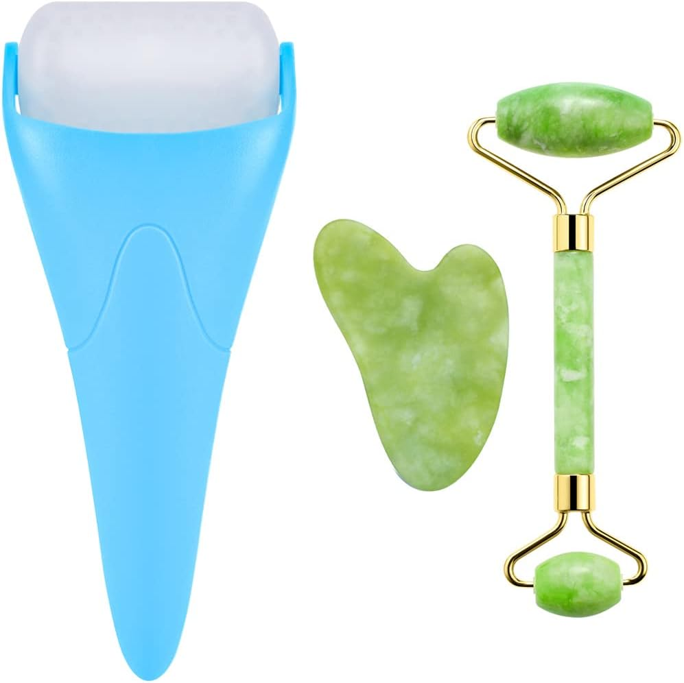 AECW 3-In-1 Natural Jade Roller and Gua Sha Set for Face and Eye Ice Roller Facial Cooling Massage Roller (Light Blue Ice Roller + Jade Roller + Gua Sha)