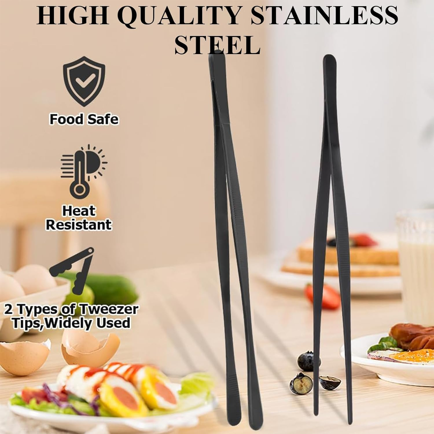 Rhoyee 4 PCS Black Stainless Steel Kitchen Tweezers Tongs Set &ndash; 10"& 12" Precision Cooking Tweezers with Serrated & Rounded Tips&ndash;Long Tweezer Tongs for BBQ, Food Plating, Seafood, Bartending & Repairs image number 5