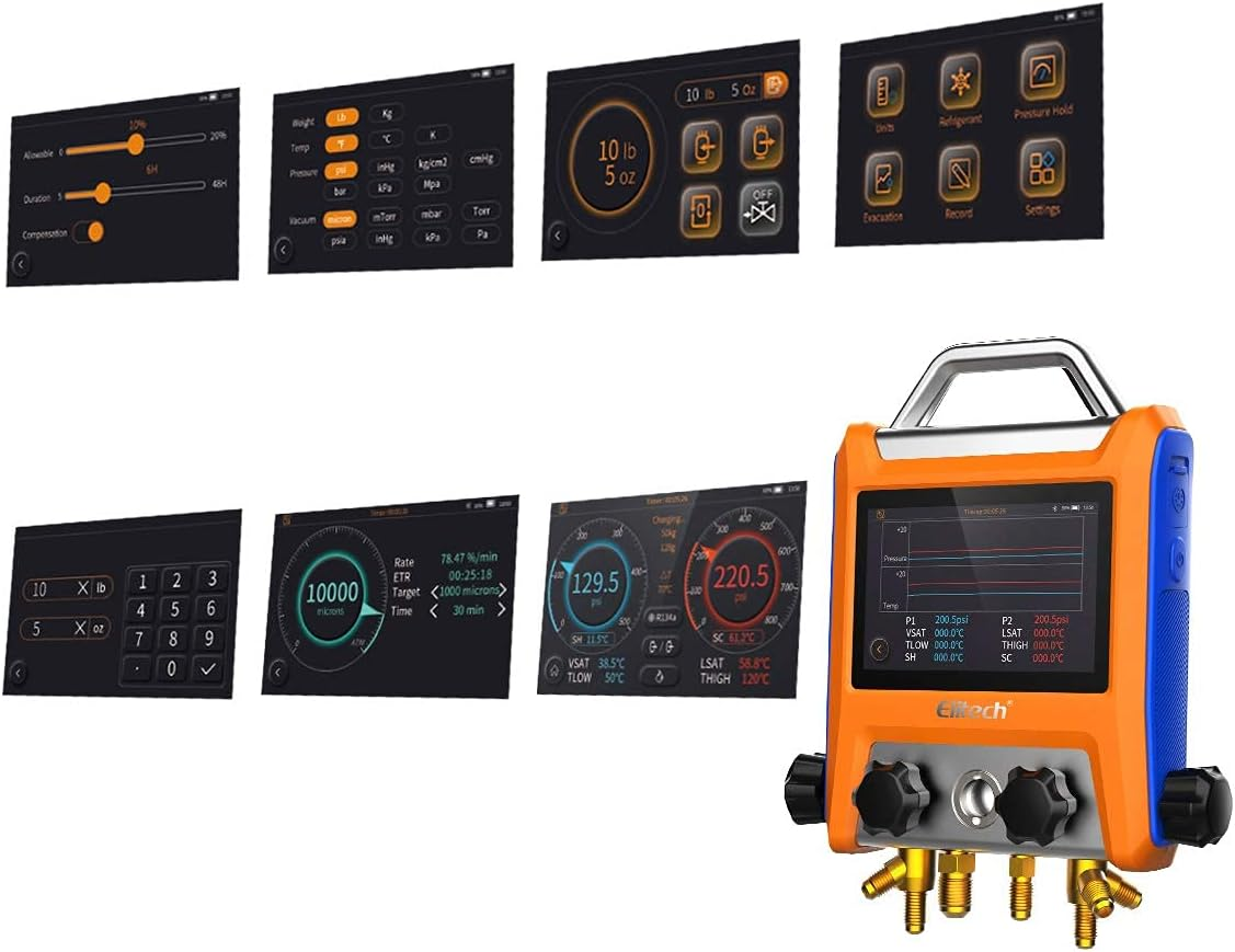 Elitech EMG-40V 4 Valve Smart Digital Manifold Kit with 5" Smart Touch Screen and HVAC Meter with Bluetooth