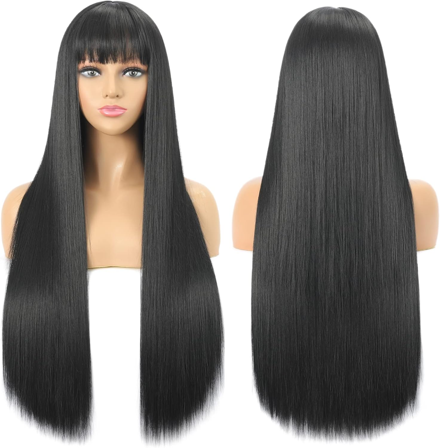 Sangrui Black Long Straight Wig with Fringe for Women, 75 Cm Synthetic Fibre Straight Wigs, Long Black Fringe Bangs Wig