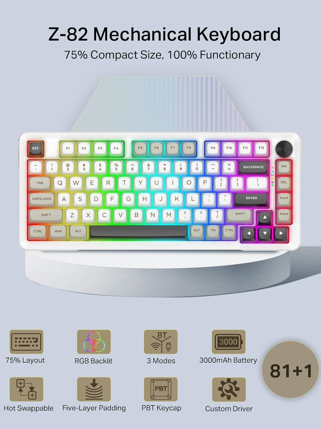 E-YOOSO Z82 Wireless Mechanical Keyboard, 3-Modes 81 Keys Compact, 75% Gasket Hot Swappable RGB Gaming Keyboard with Dedicated Knob Control and Sound Absorbing Pads, PBT Keycaps