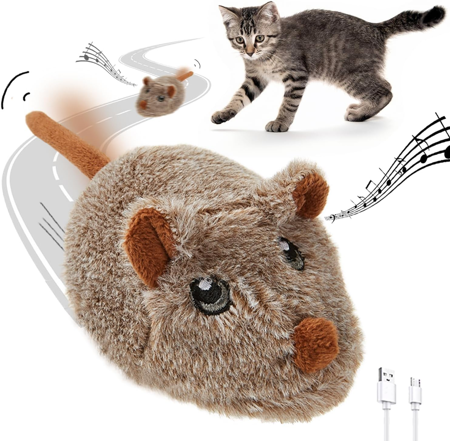 Pawsayes Cat Toys Squeaky Rechargeable Moving Mouse with Dynamic Magic Tail, Automatic Self Play Mouse Interactive Cat Toy for Indoor Cats, Kitten'S Electric Multi-Mode Activated Mouse Toy (Brown)