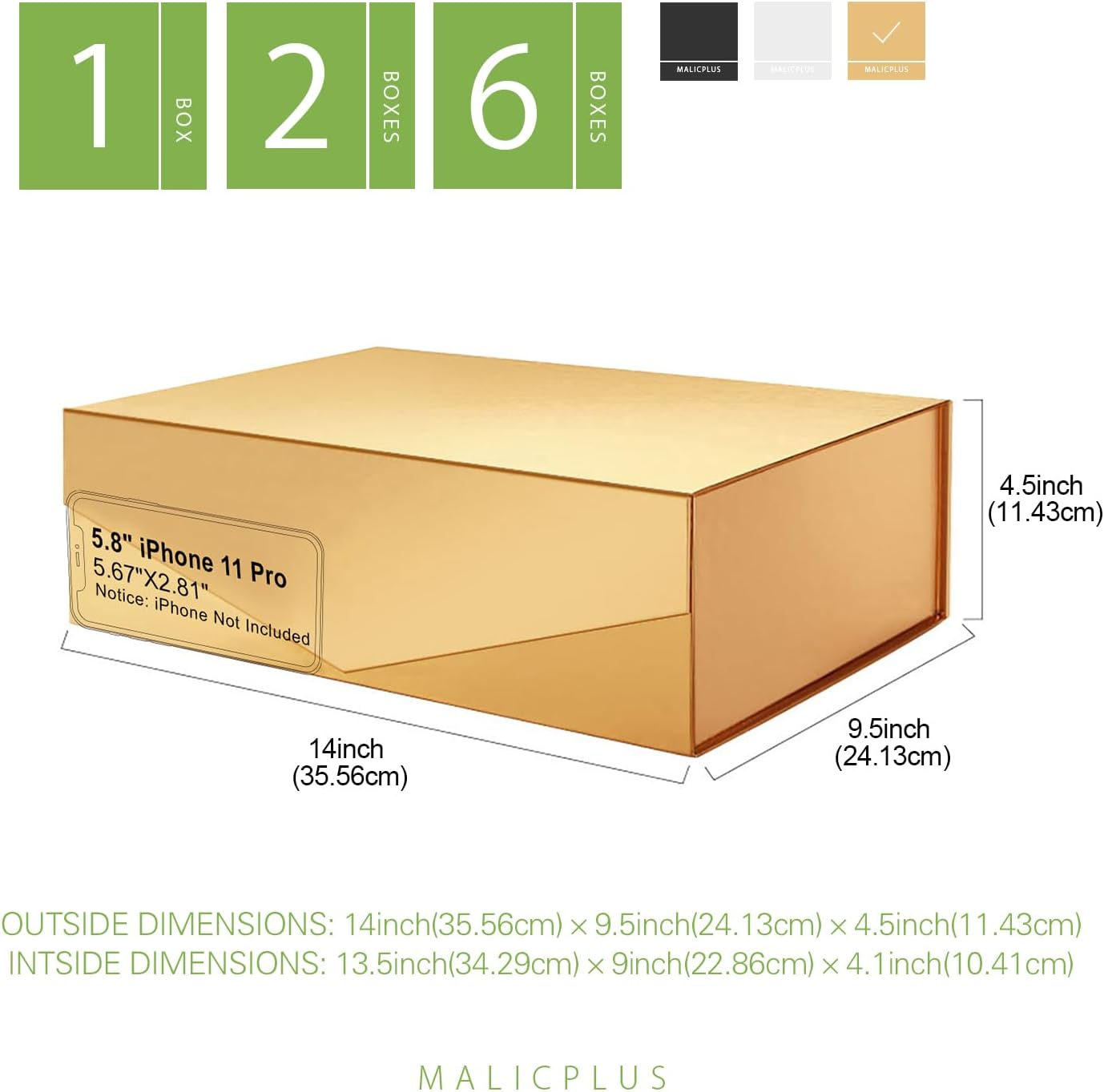 MALICPLUS Large Gift Box for Easter 34 X 22.5 X 10 CM, Collapsible Magnetic Gift Box with Lid(Glossy Gold) - Black-1 Count image number 2