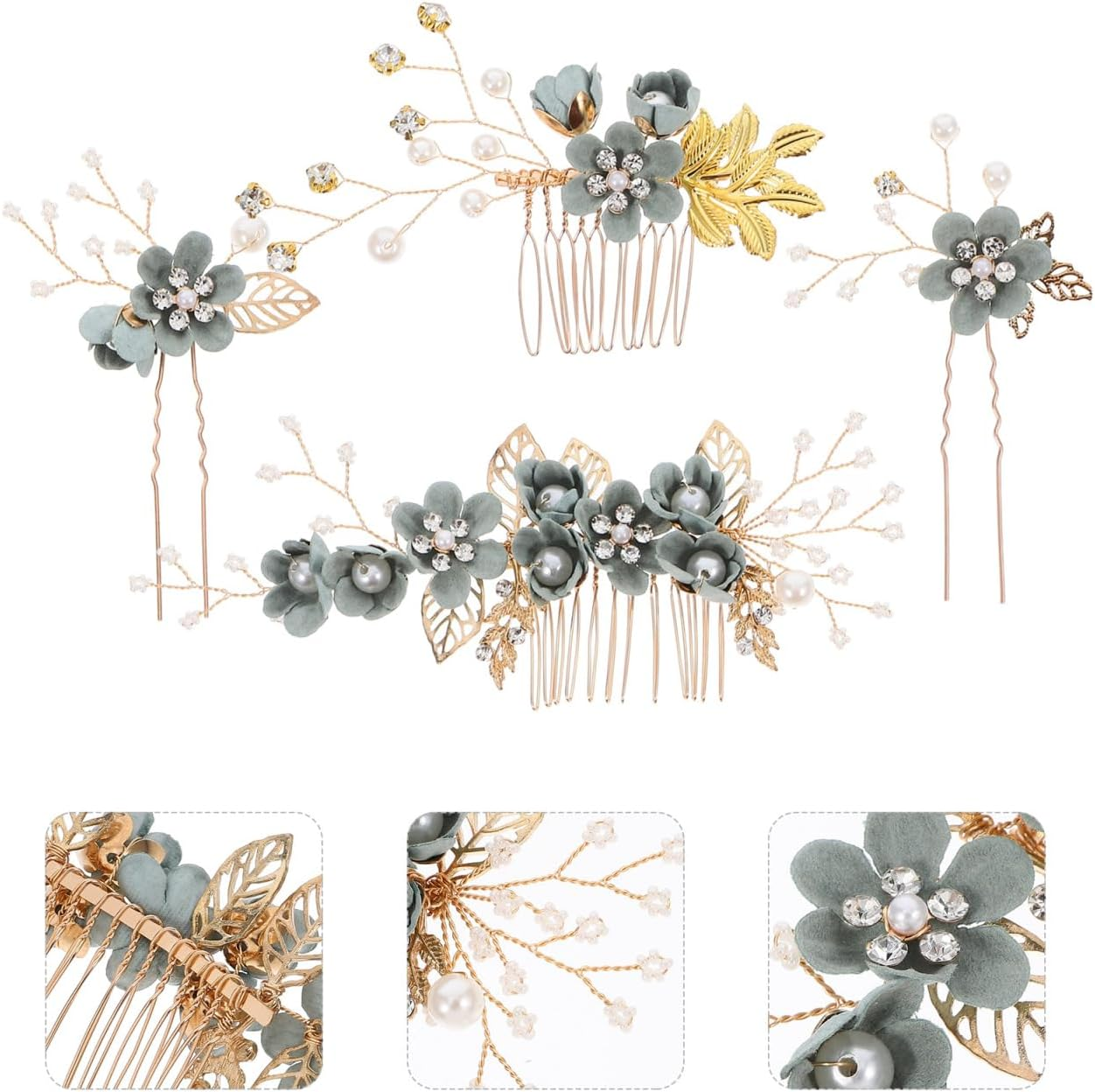 Hemobllo Set of 4 Wedding Hair Comb Clips, Bridal Hair Accessories, Rhinestone Hairpiece, Sage Green Hair Accessories for Women and Girls image number 5