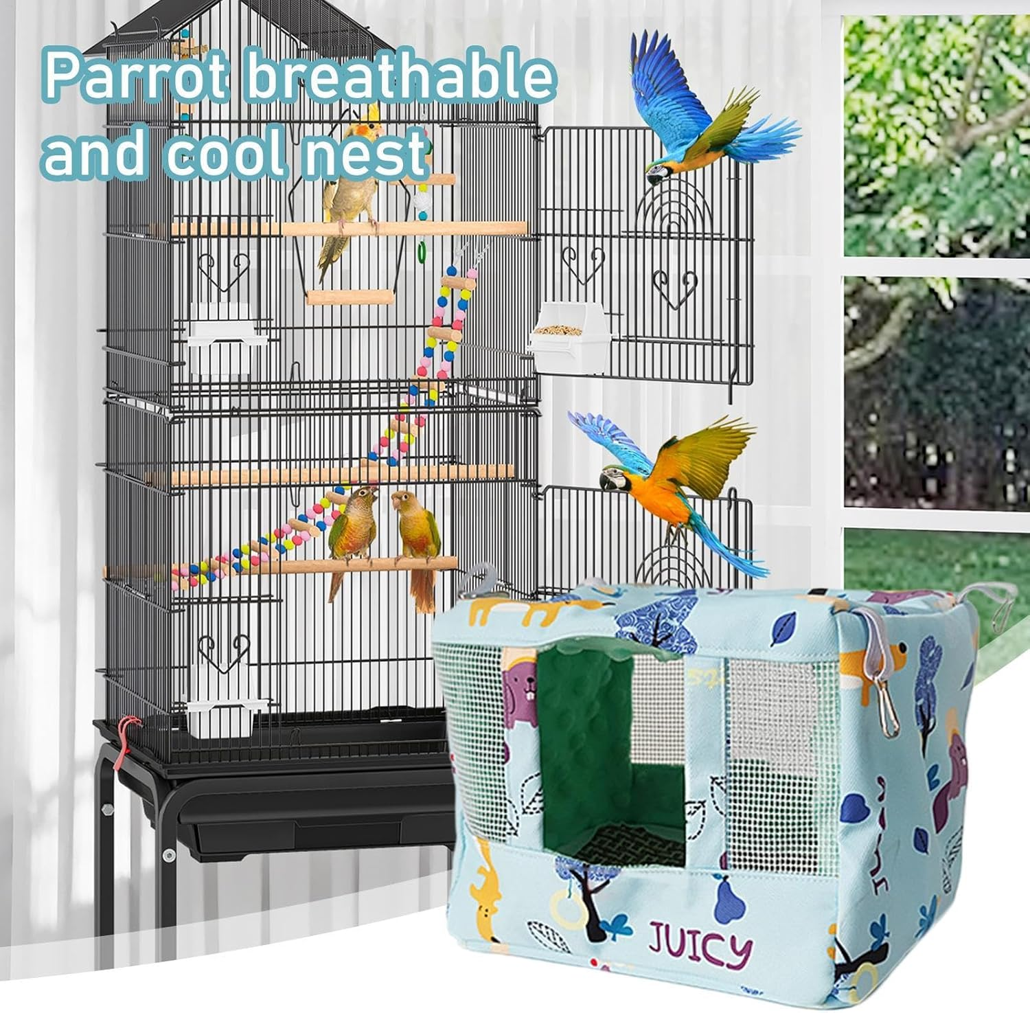 Bird Nest House | Breathable Parrot Habitat Cave with Cool Mat - Waterproof Cloth Animal Cave for Parakeet Cockatiel Lovebird African Grey image number 6